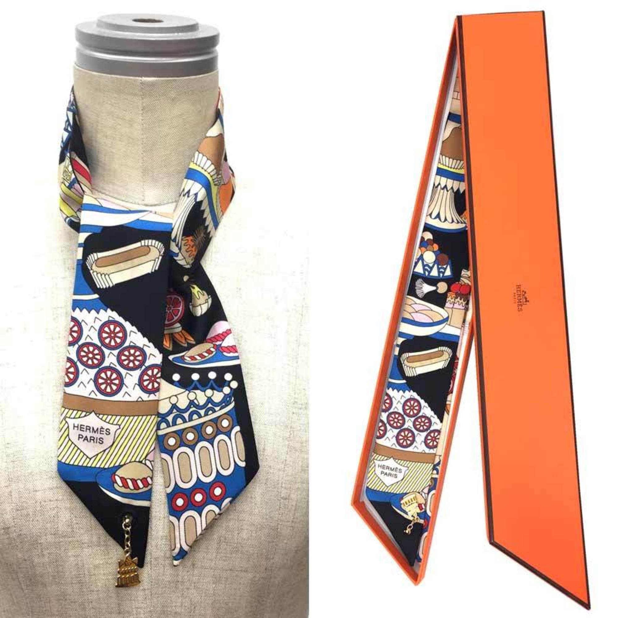 HERMES Twilly Charm La Patisserie Francaise 2023 853336502 Black 100% Silk Scarf Muffler