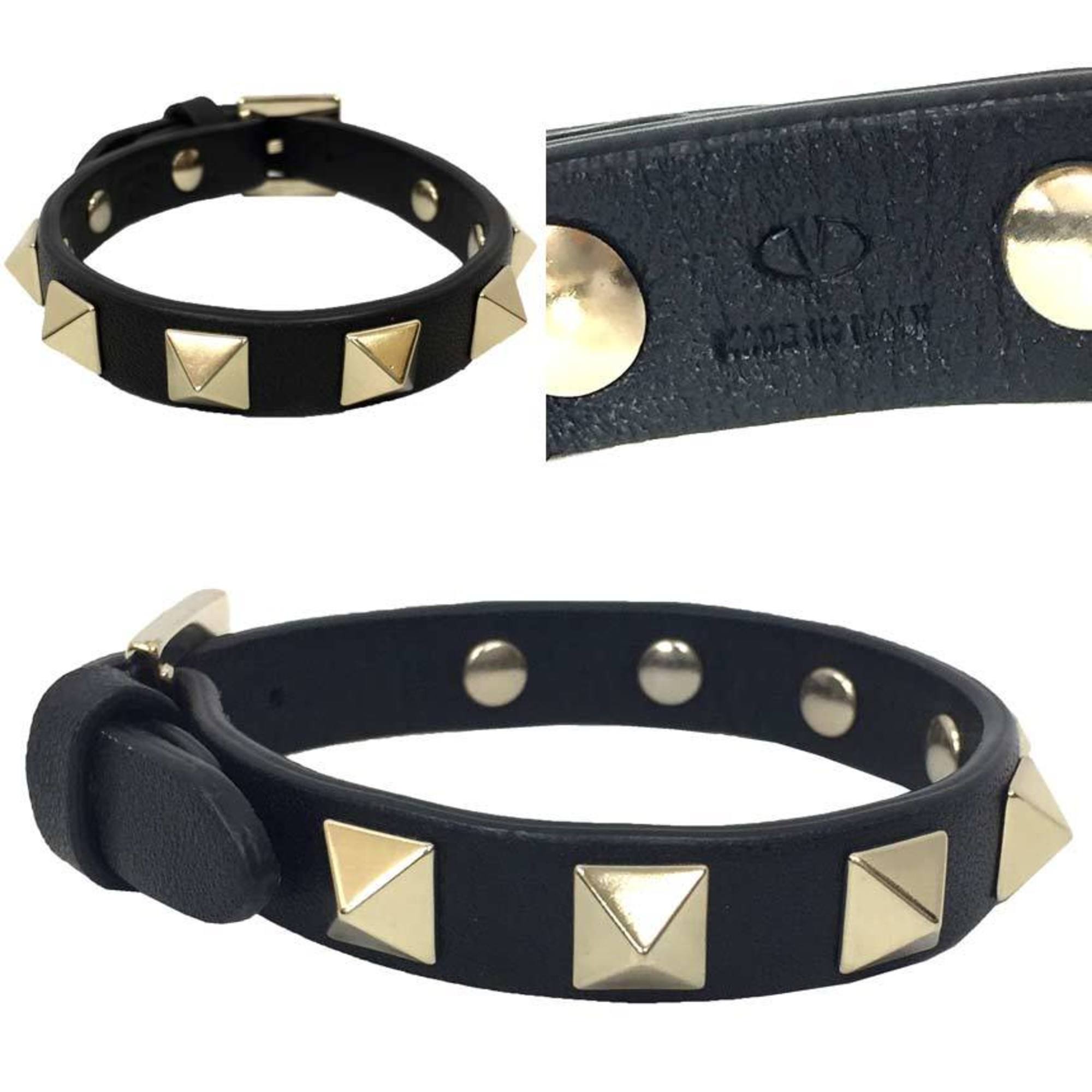 Valentino Garavani Rockstud Bracelet ZW2J0255VIT Leather Black x Champagne Gold 10013623