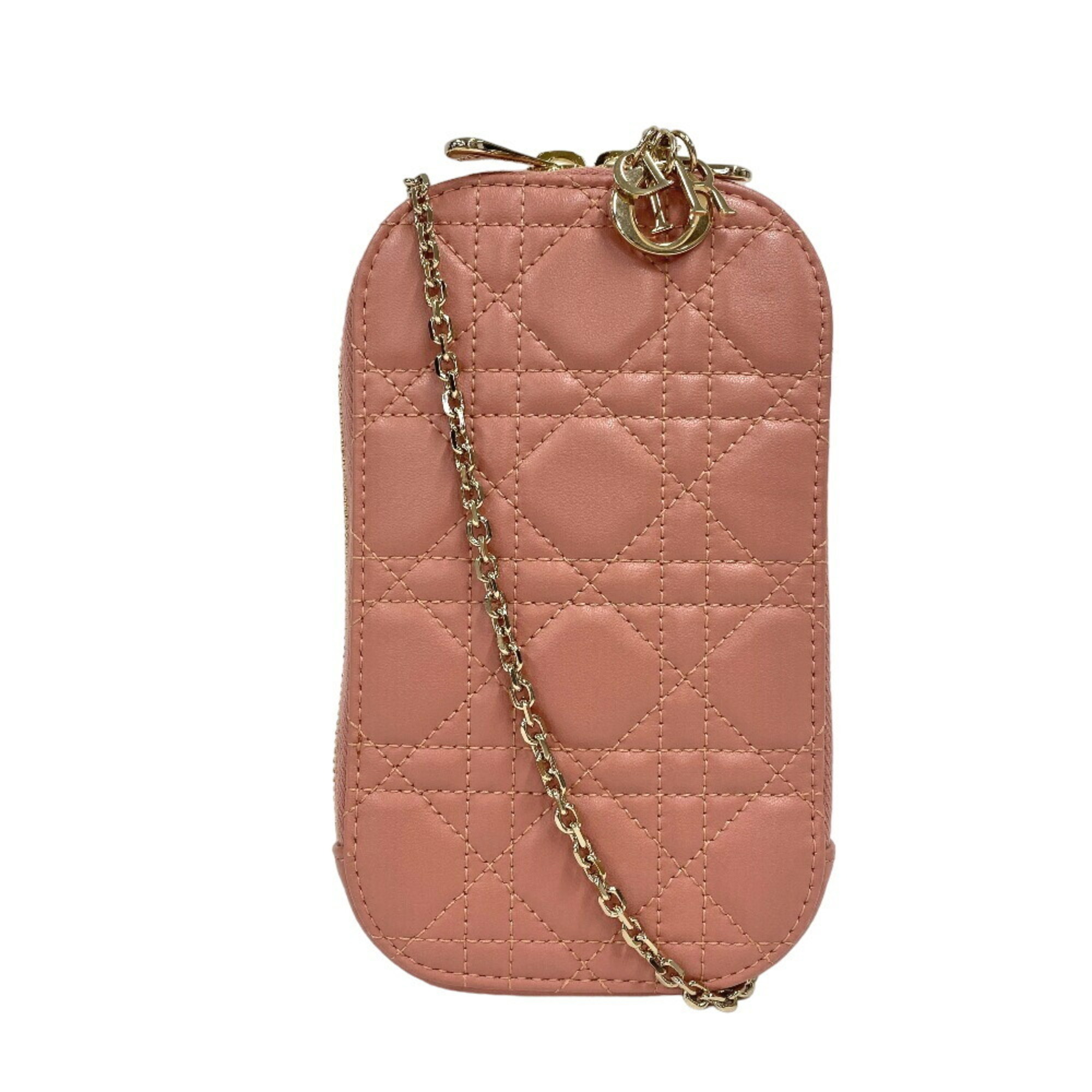 Christian Dior Cannage Phone Holder Chain Shoulder Bag Pink Women's