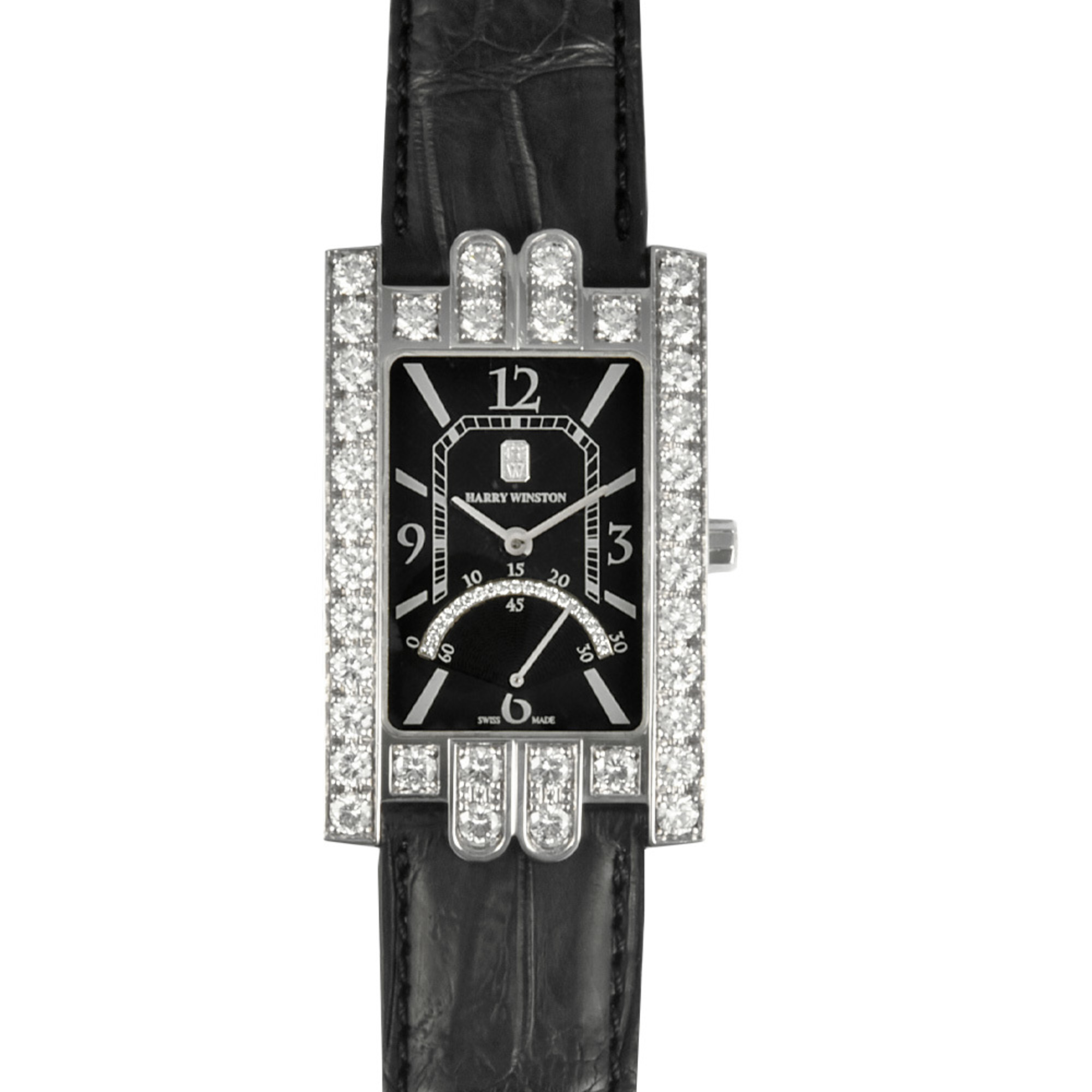 Harry Winston HARRY WINSTON 310UQSRW Avenue Watch Quartz Black Dial Retrograde Diamond Bezel Ladies