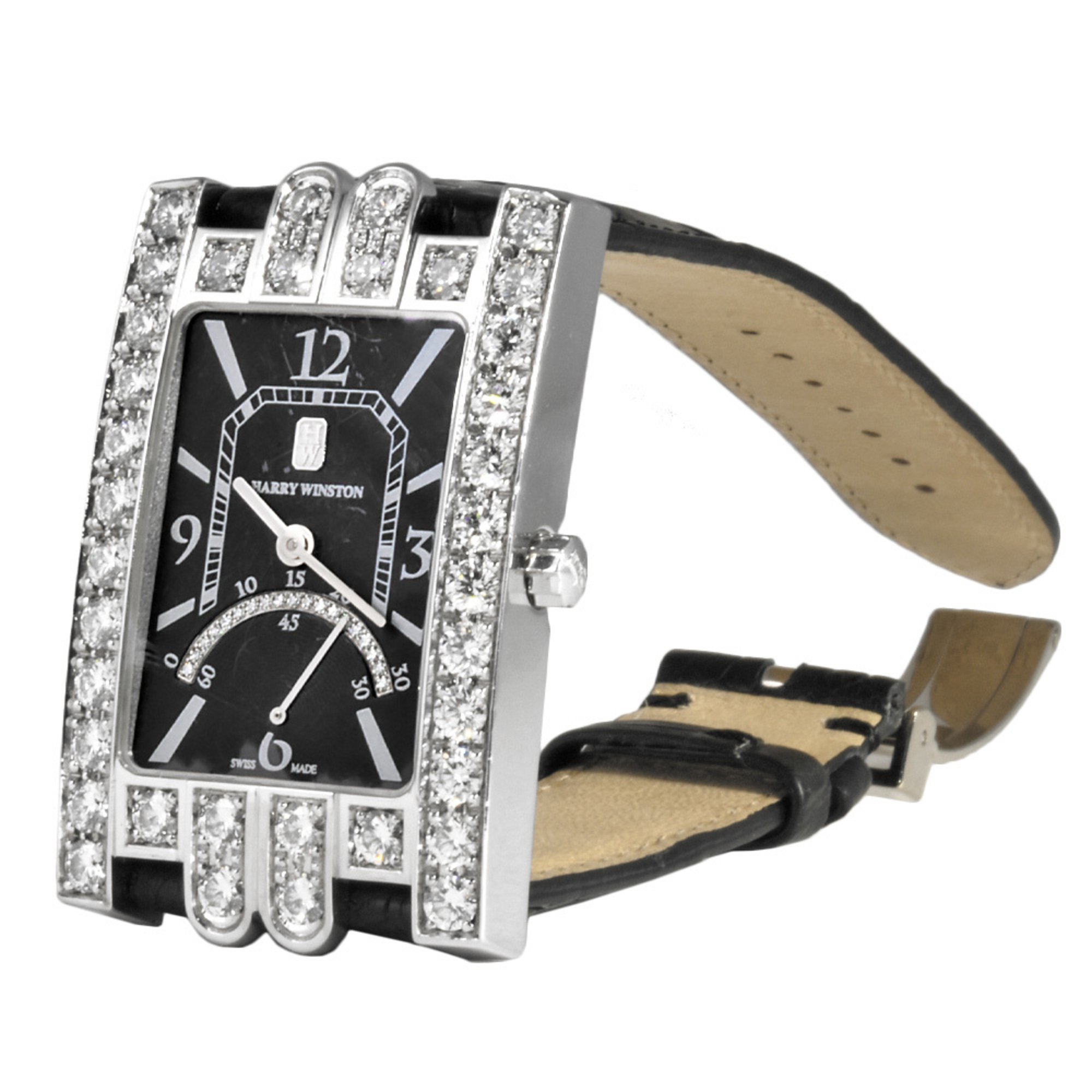 Harry Winston HARRY WINSTON 310UQSRW Avenue Watch Quartz Black Dial Retrograde Diamond Bezel Ladies