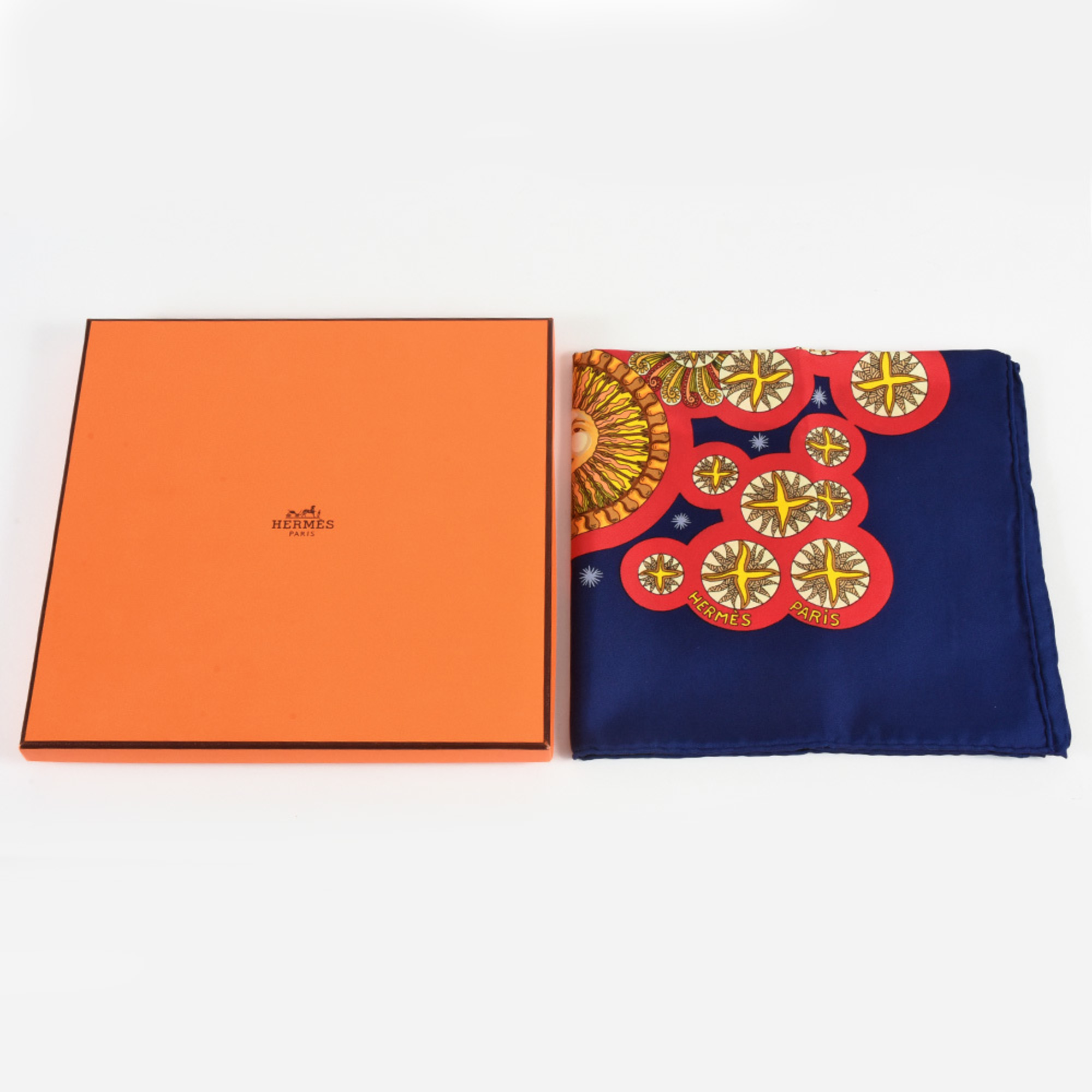 Hermes HERMES Carré 90 Sun King LE ROY SOLEIL Scarf Muffler Silk Navy Red