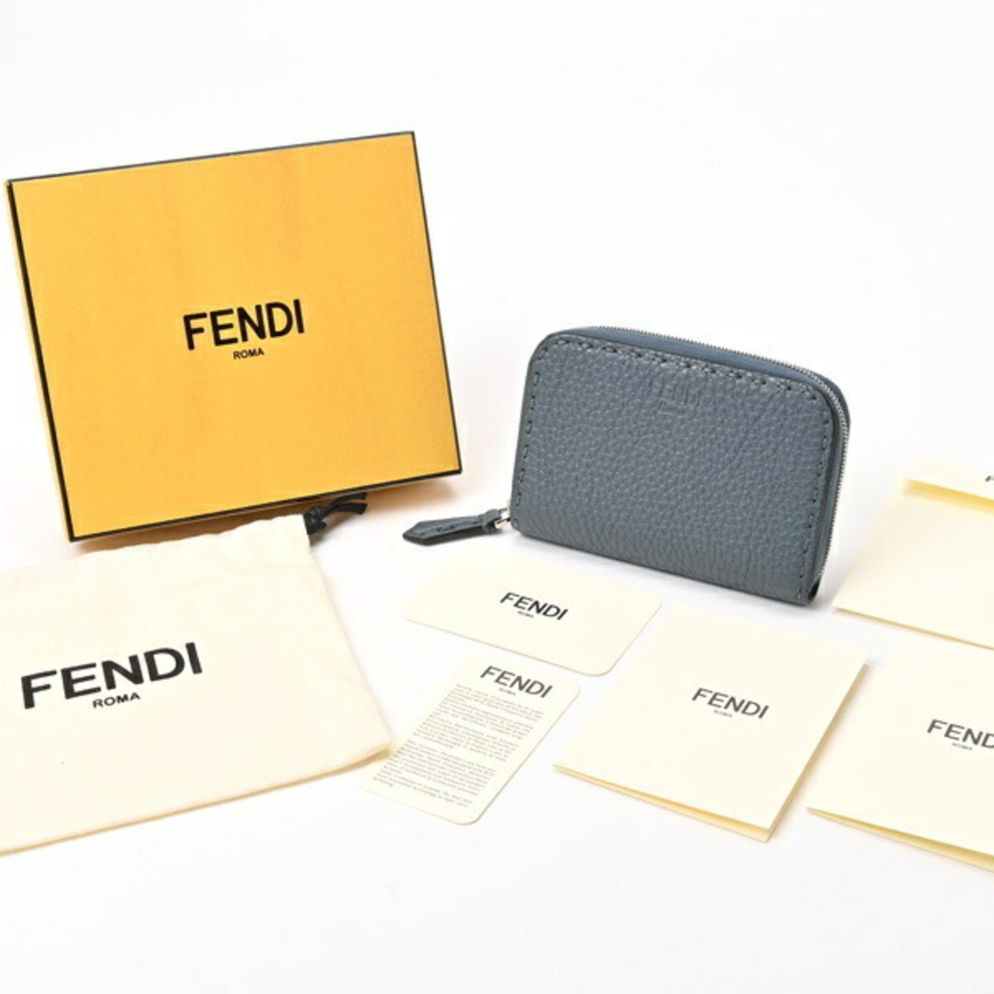 FENDI Round Coin Case 8M0313 Selleria Leather Blue Gray/Light S-156027