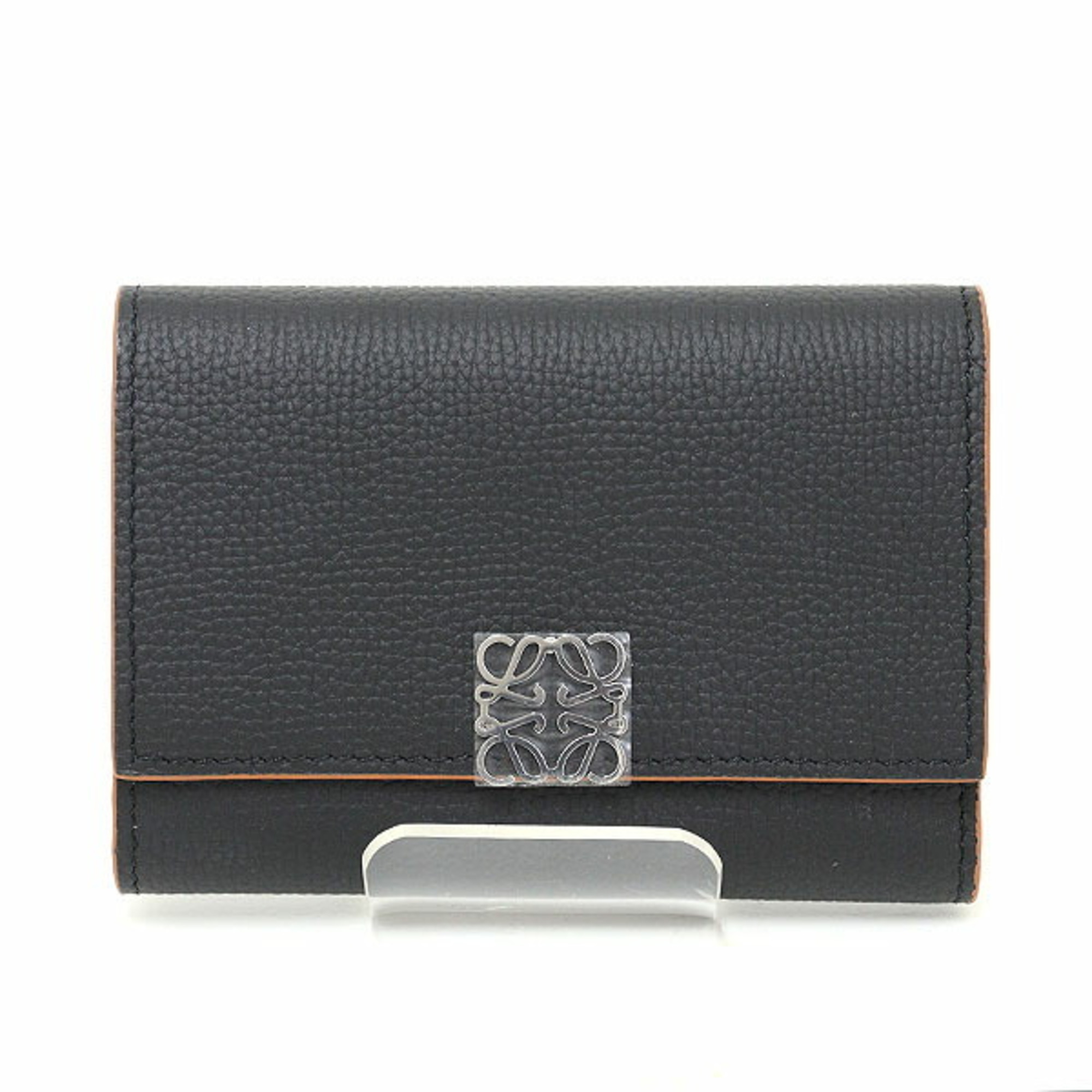 LOEWE ANAGRAM VERTICAL WALLET SMALL PEBBLED GRAIN CALFSKIN BLACK TRI-FOLD