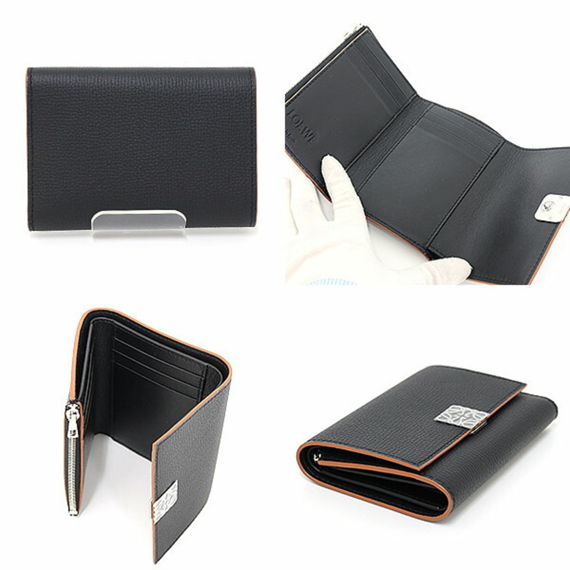 LOEWE ANAGRAM VERTICAL WALLET SMALL PEBBLED GRAIN CALFSKIN BLACK TRI-FOLD