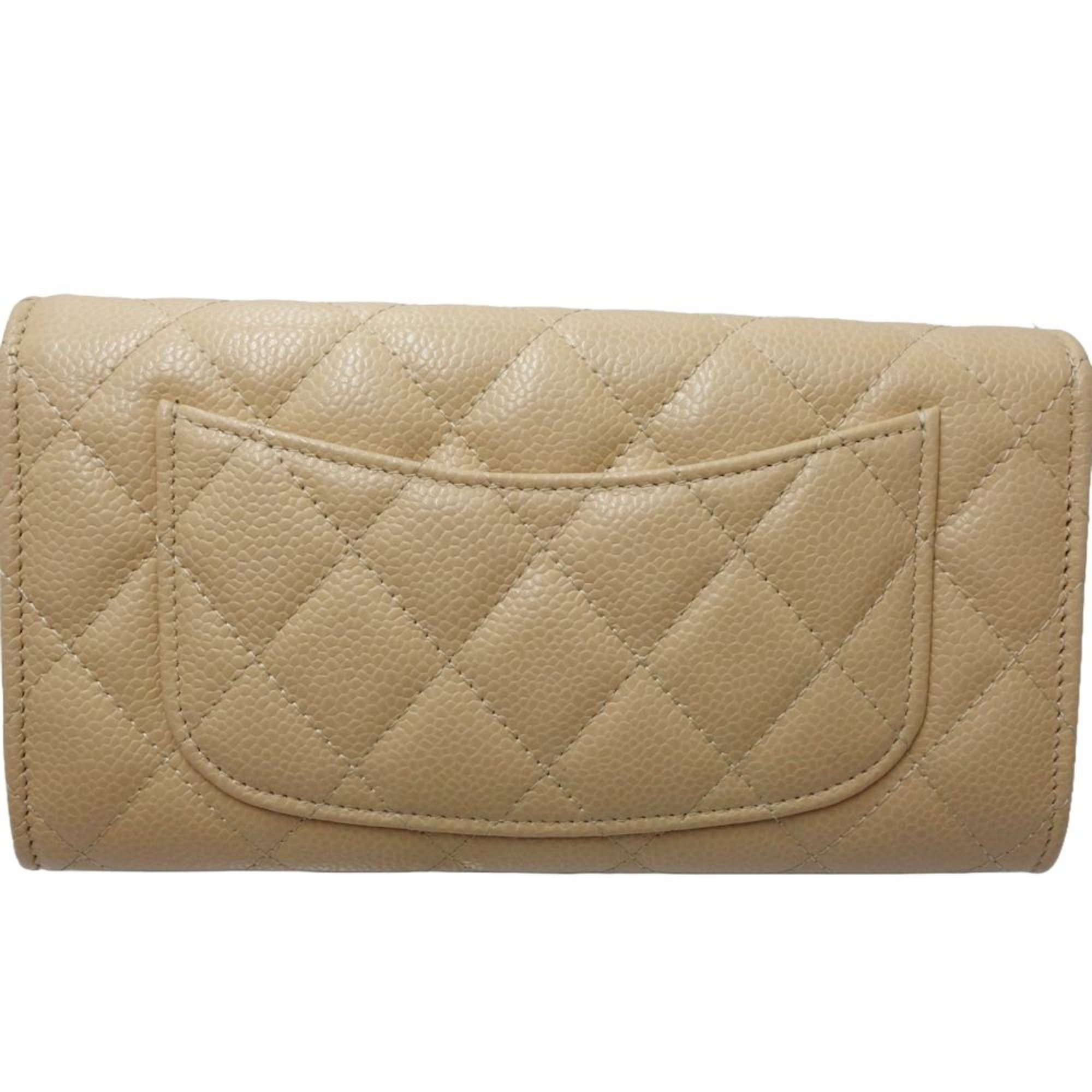 CHANEL Long Wallet A80758 Classic Flap Matelasse Caviar Skin Beige 180597