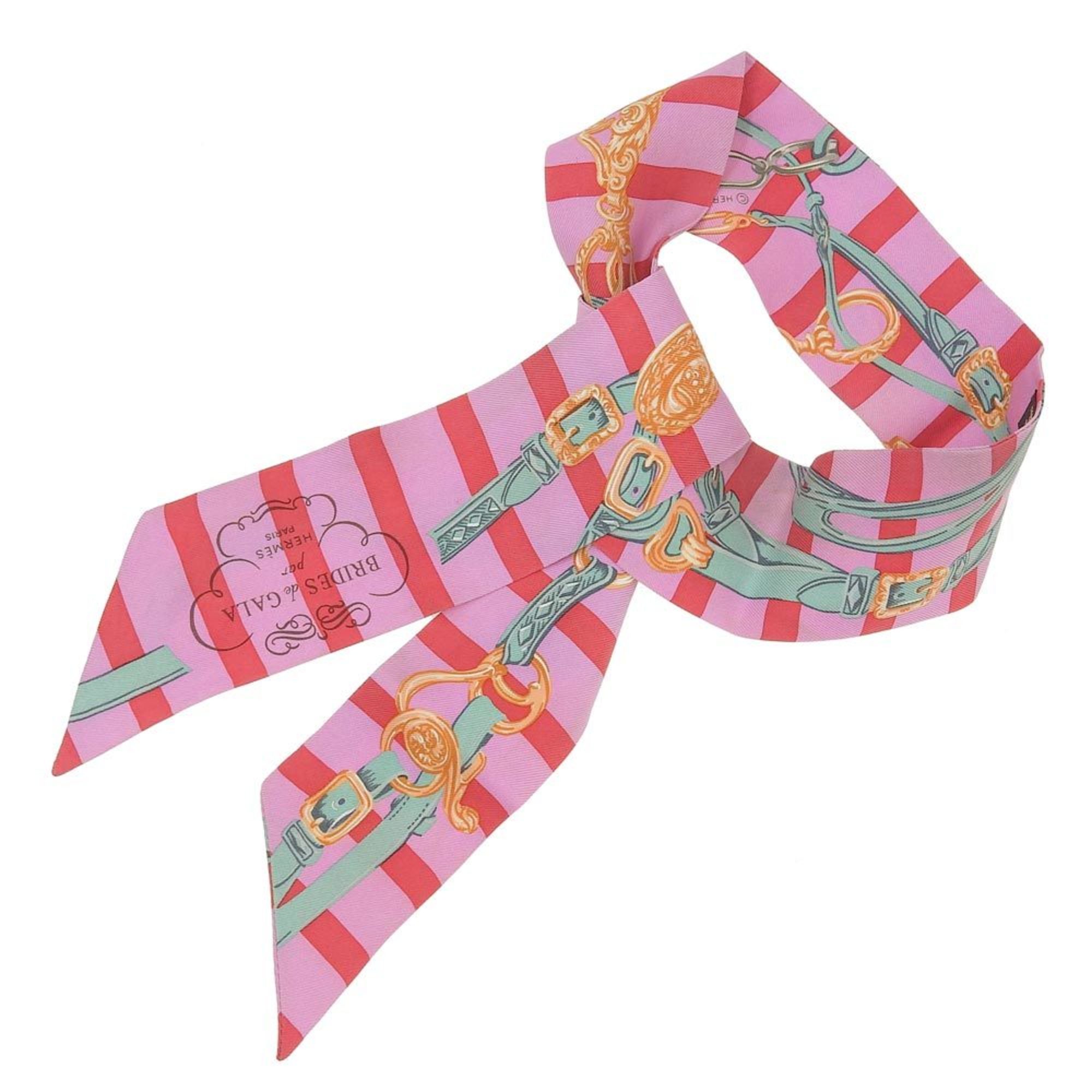 Hermes Twilly BRIDES de GALA Ceremonial Bridle Scarf Muffler Silk Pink Ribbon