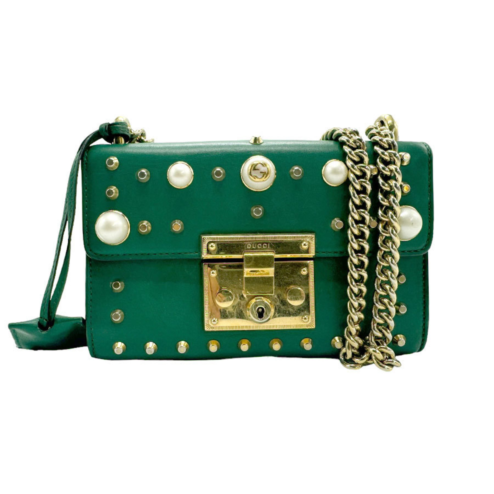 GUCCI Shoulder Bag Leather Faux Pearl Metal Green Women's 432182 z1789