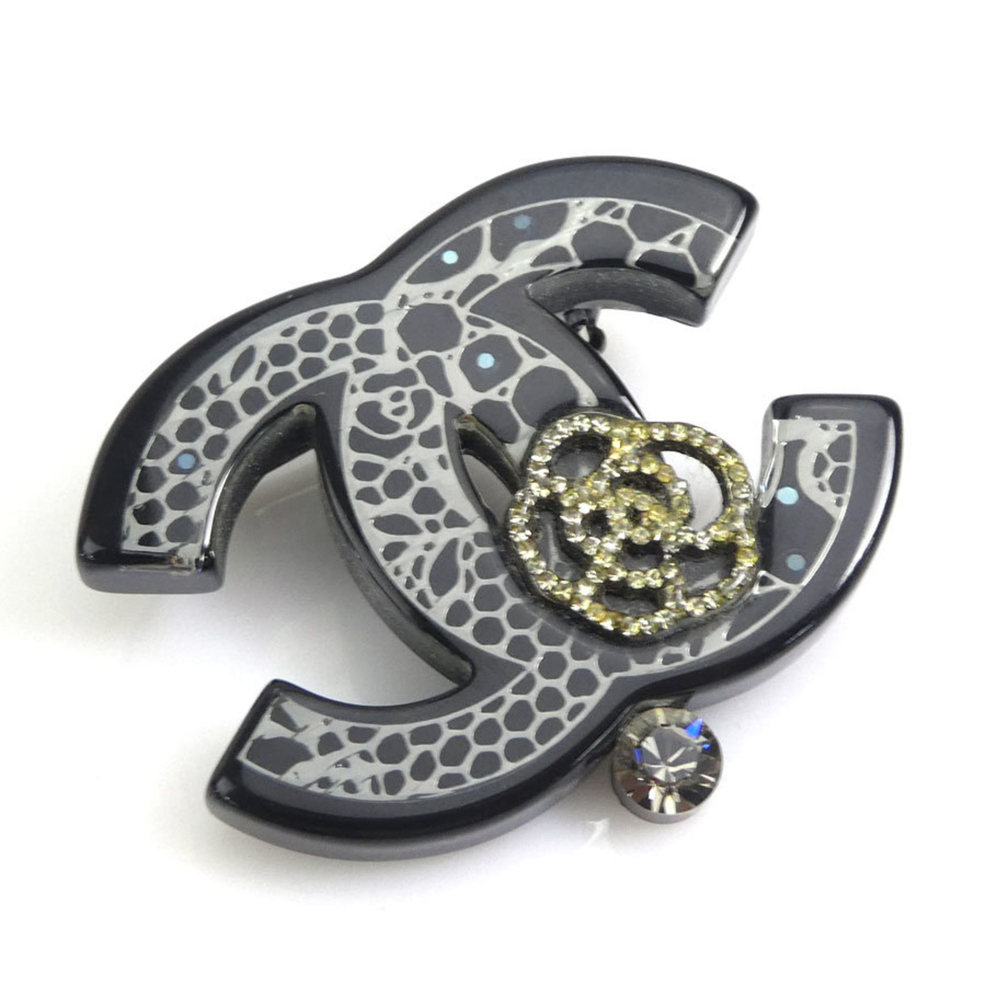 CHANEL Brooch Coco Mark Resin Rhinestone Black Silver Women's e58870a