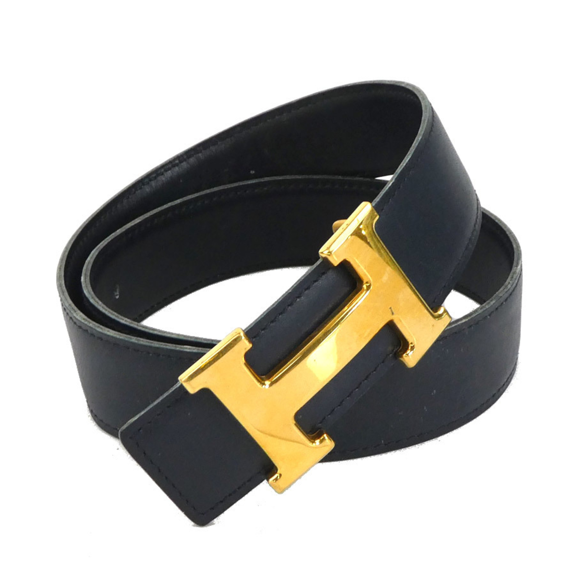 Hermes HERMES Belt Constance Box Calf Black Gold Women's a0391