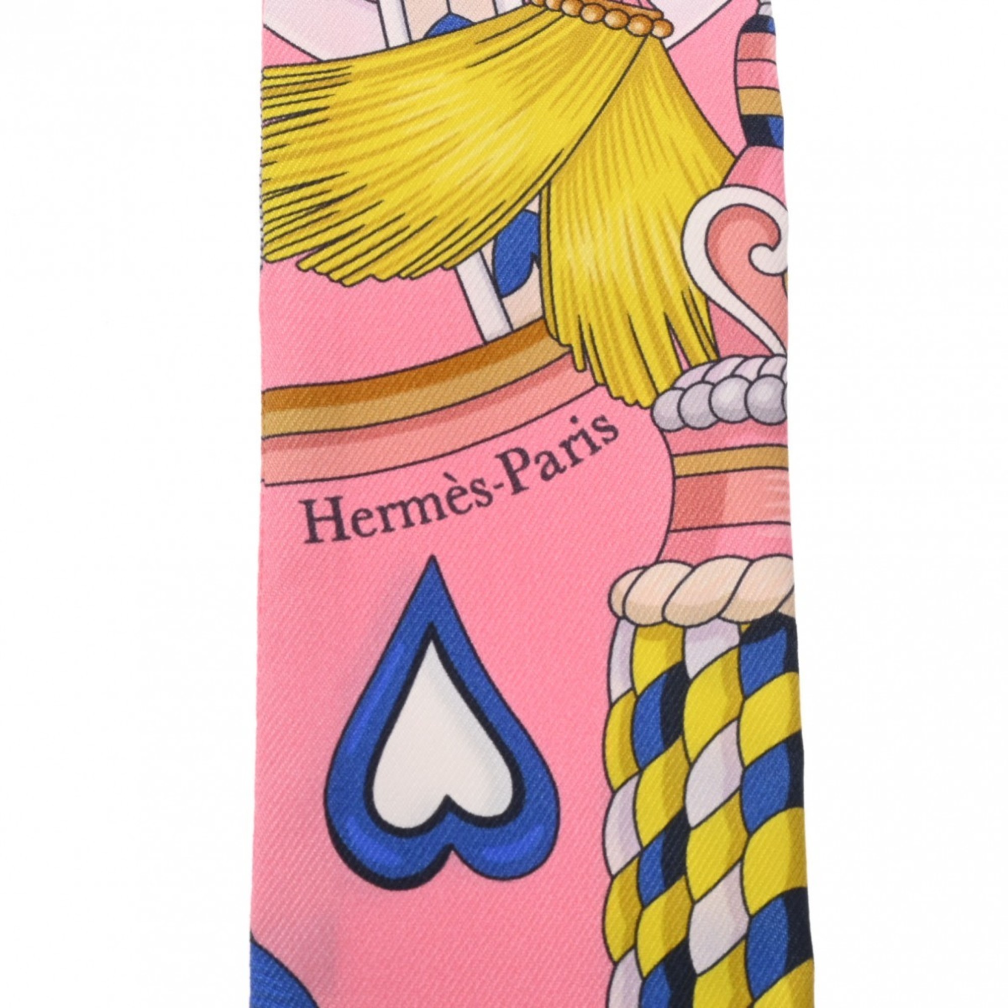 HERMES Twilly HARANAIS DE COEUR Rose Pompon/Blue Vif 064090S Women's 100% Silk Scarf Muffler