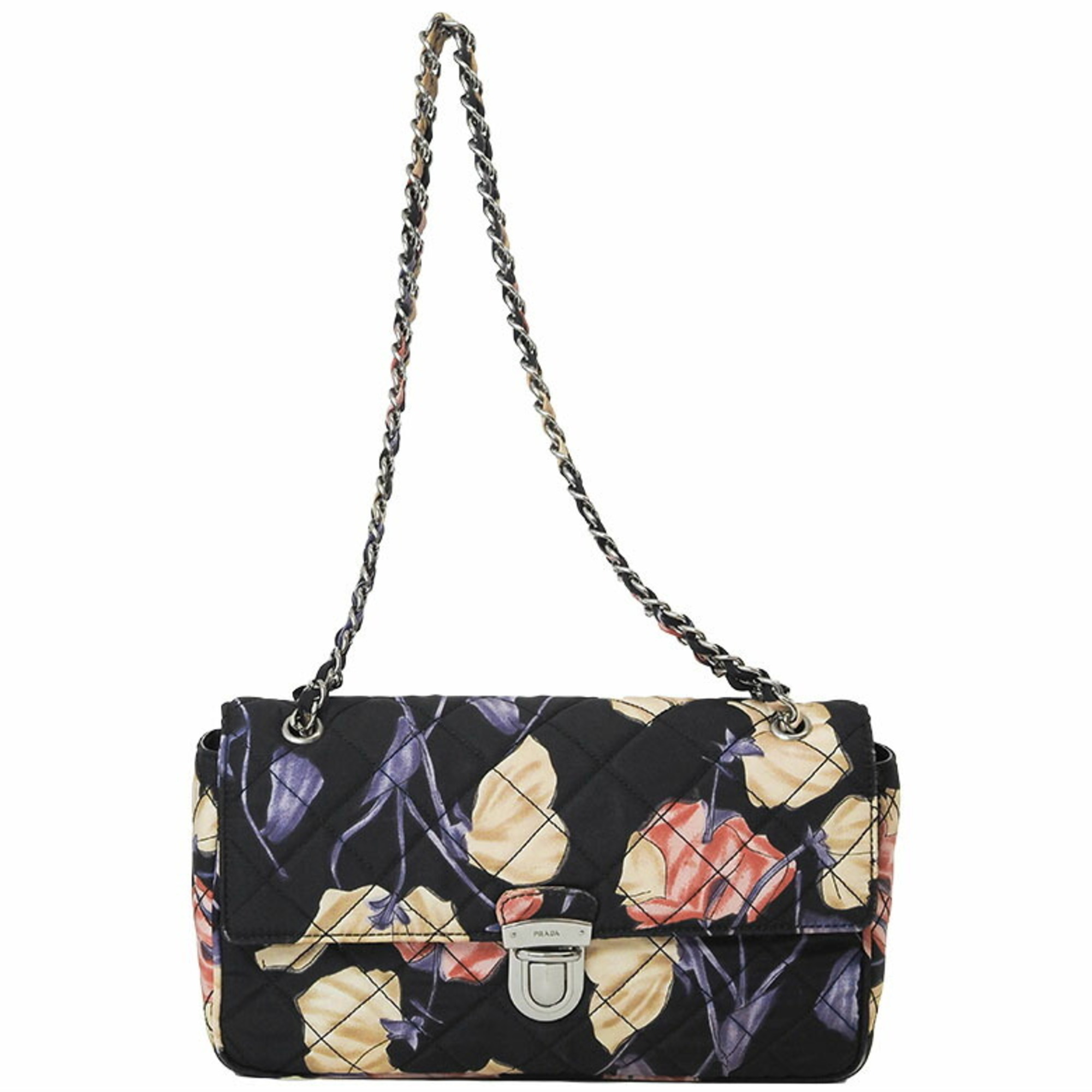 Prada Quilted Chain Shoulder Bag with Flower Print Pattern Black BR4618 Women's PRADA