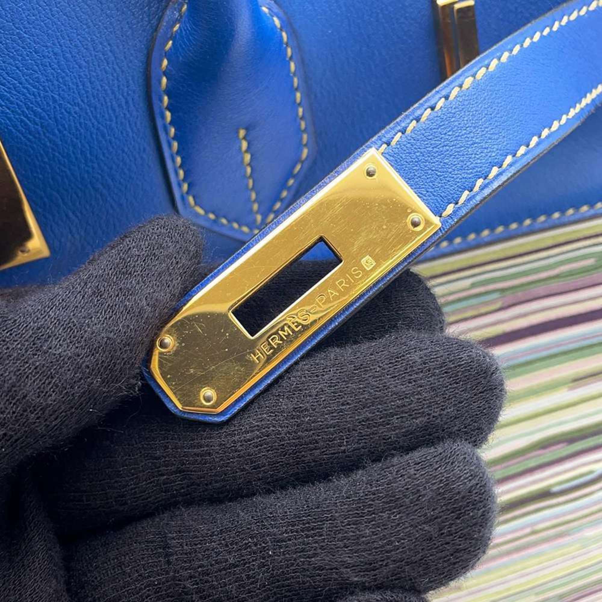 Hermes Birkin 35 Handbag Blue France Evercalf Vibrato □F stamp