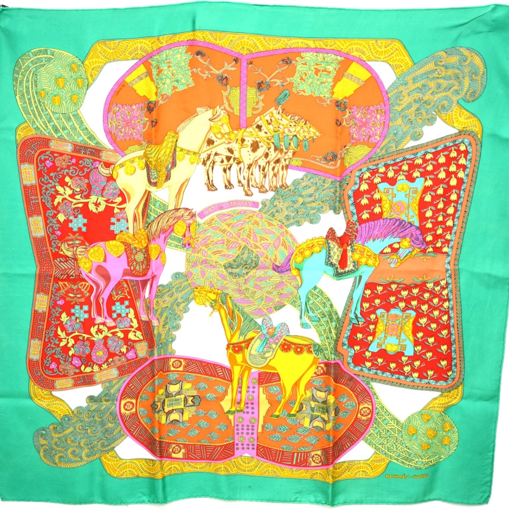 HERMES Scarf 100% Silk Carre 90 ART des STEPPES Steps Museum Green JA-19213