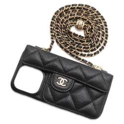 Chanel iPhone Case Matelasse Coco Mark Card Holder Caviar Skin AP2689 Compatible with 13 Pro Black