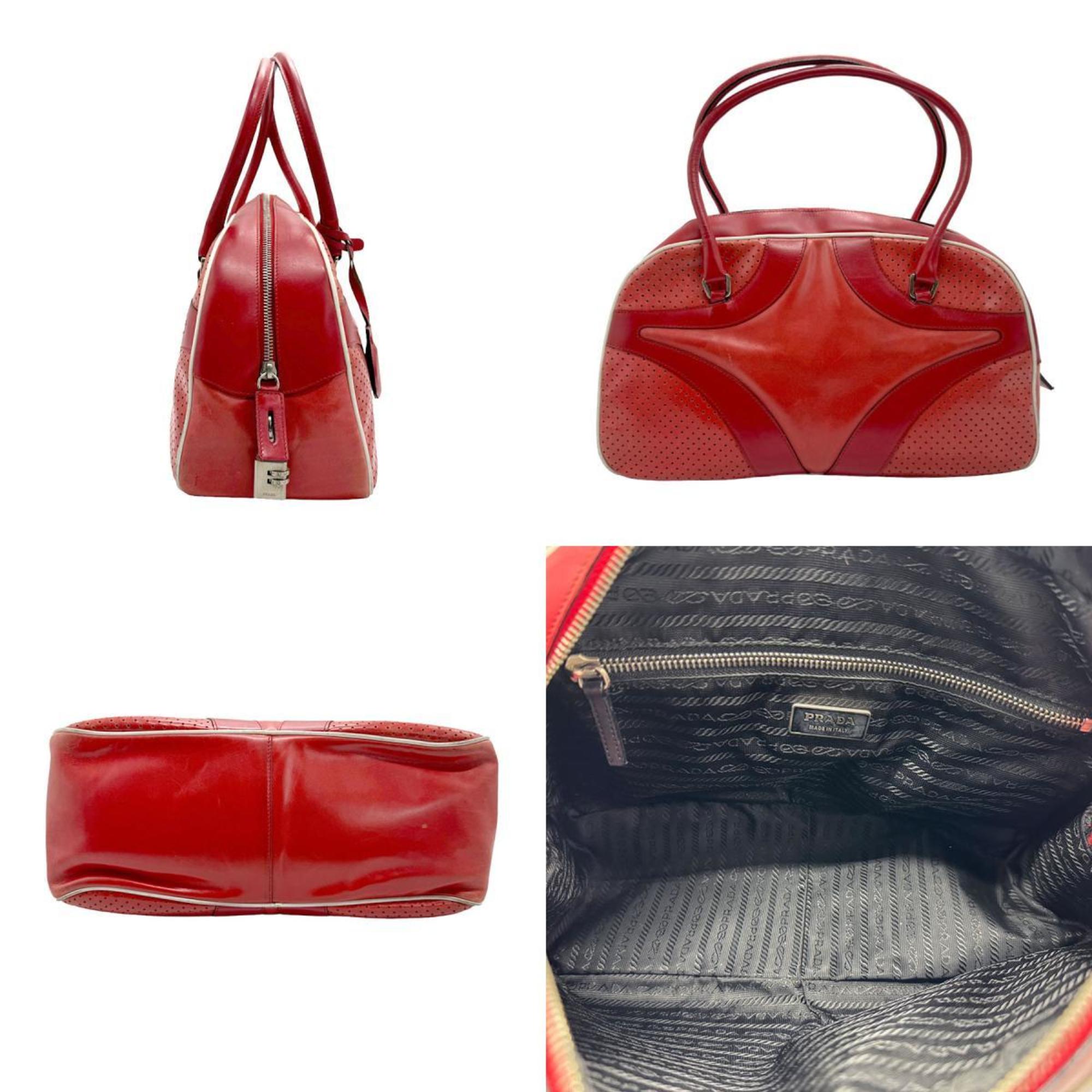 PRADA handbag leather red silver ladies n0118