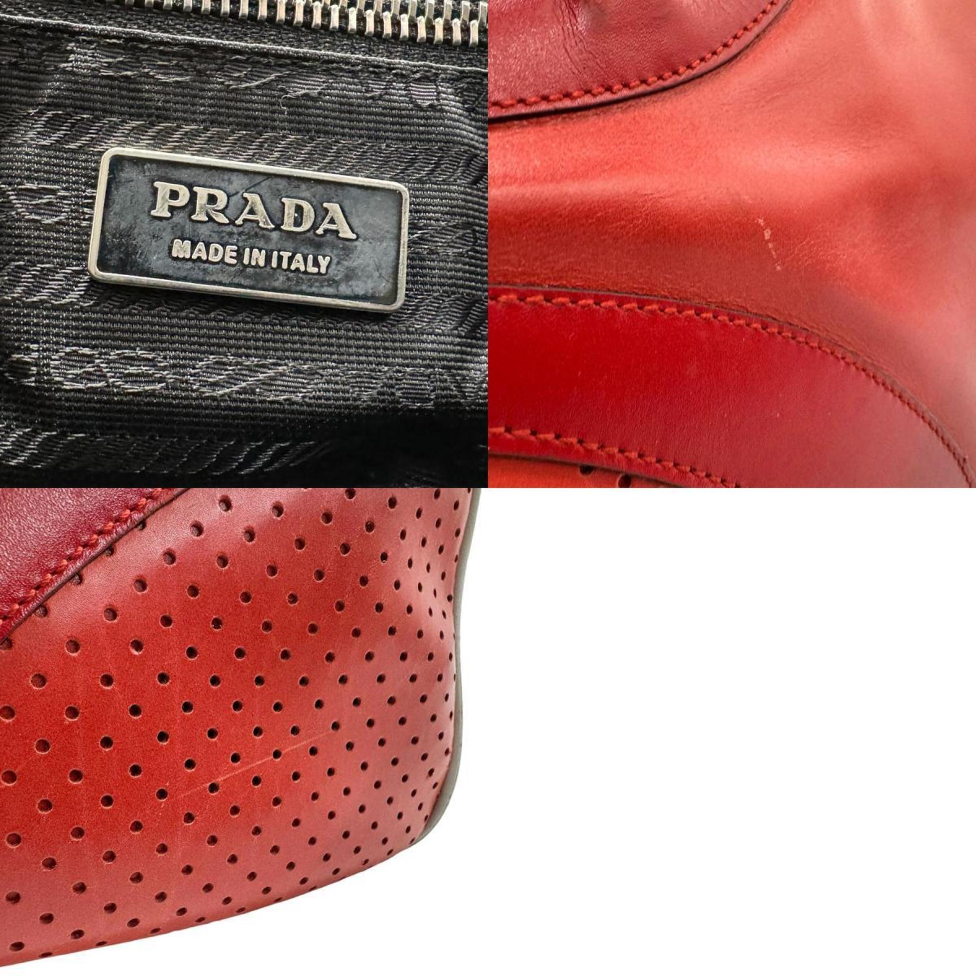 PRADA handbag leather red silver ladies n0118