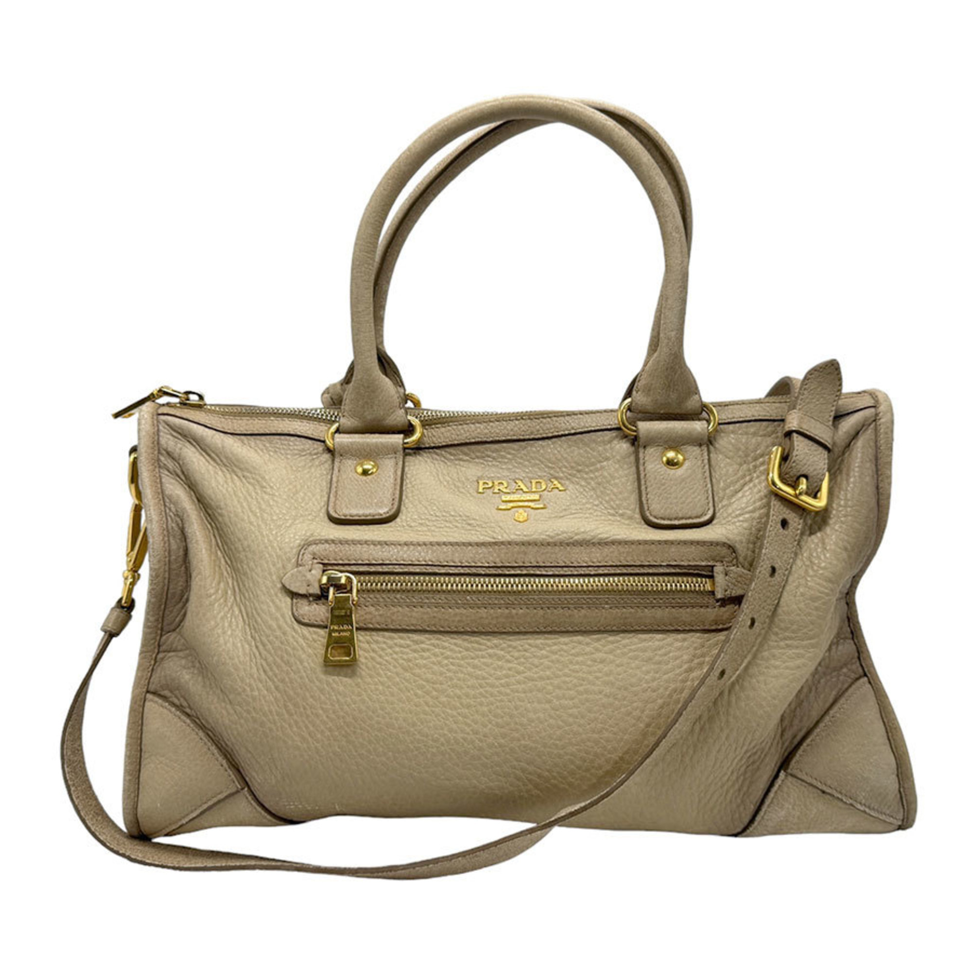 PRADA handbag shoulder bag leather beige gold ladies z1822