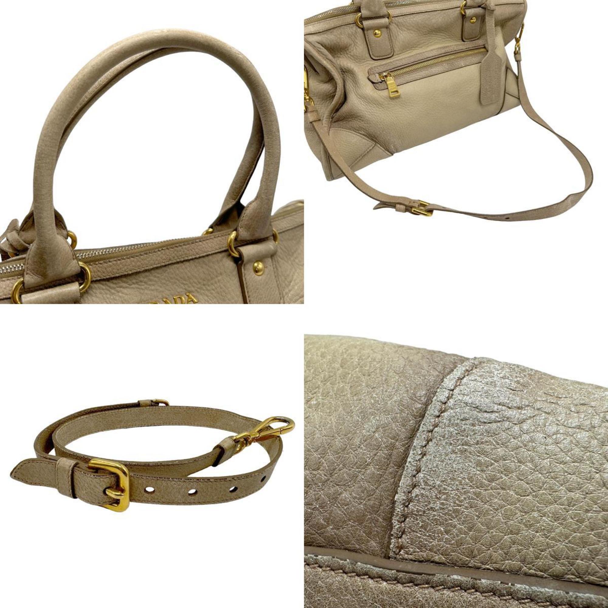 PRADA handbag shoulder bag leather beige gold ladies z1822