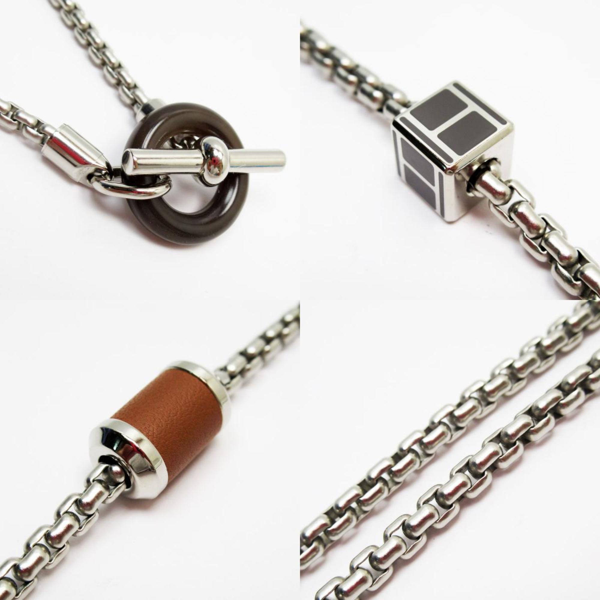 Hermes HERMES Necklace Melimelo Metal Silver x Brown Men's Women's w0597g