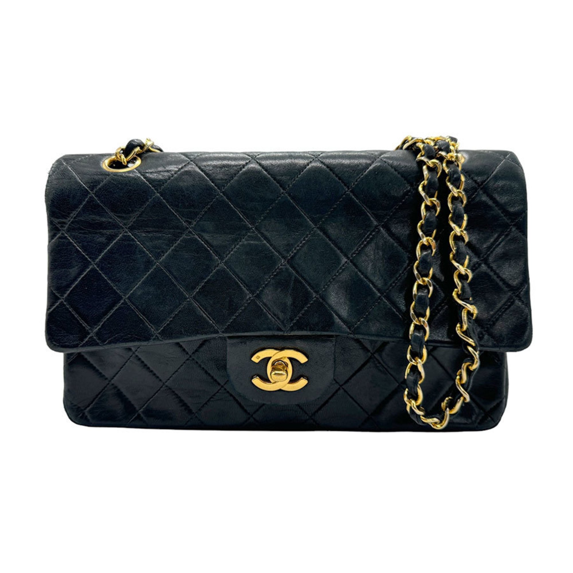 CHANEL Shoulder Bag Matelasse Double Flap Leather Metal Black Gold Women's z1865