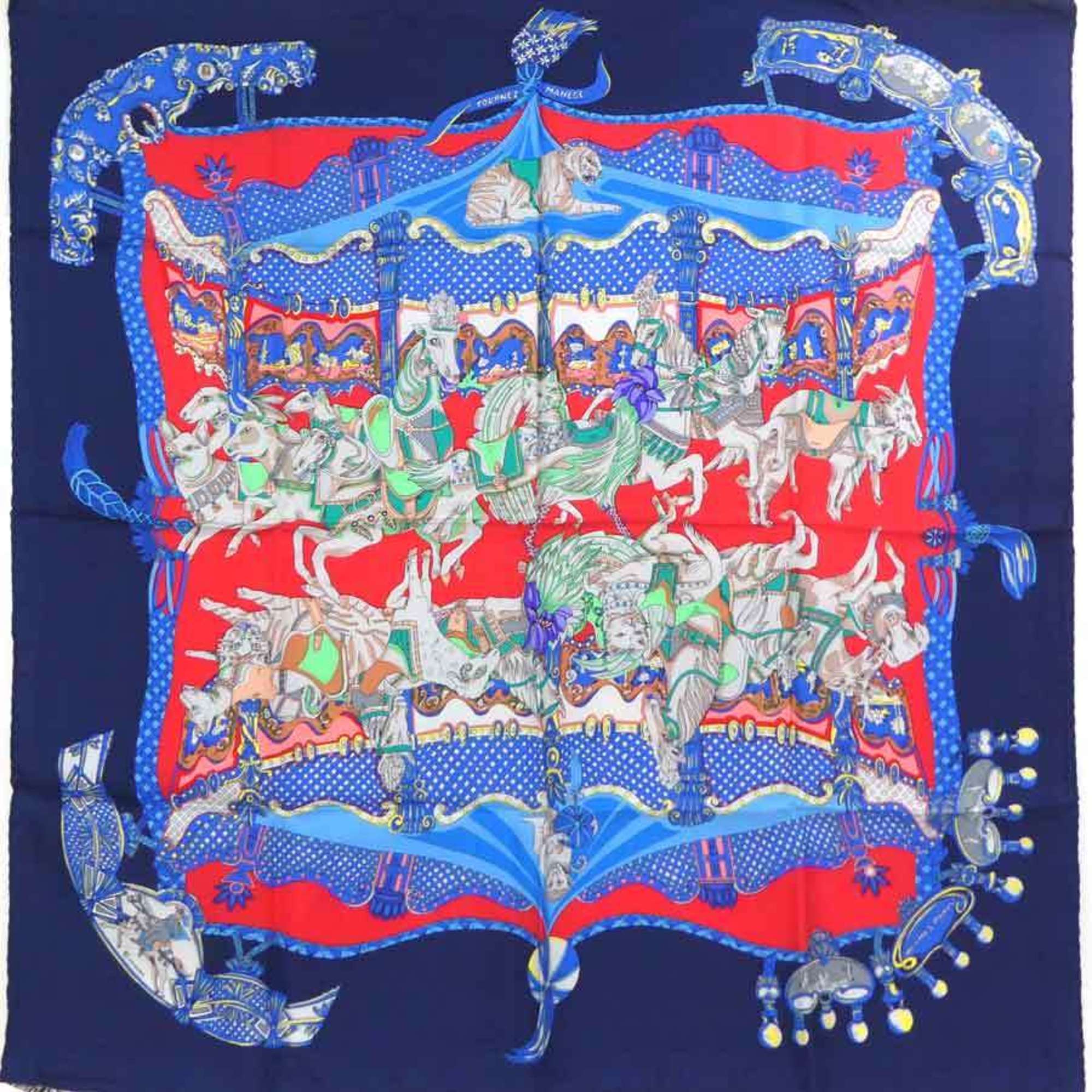 HERMES Scarf Muffler TOURNEZ MANAGE Merry-go-round Silk Navy Women's h30409f