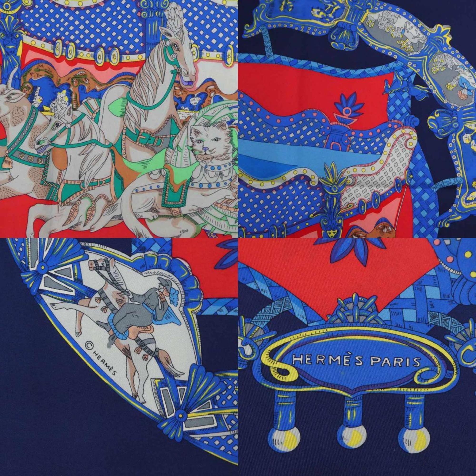 HERMES Scarf Muffler TOURNEZ MANAGE Merry-go-round Silk Navy Women's h30409f