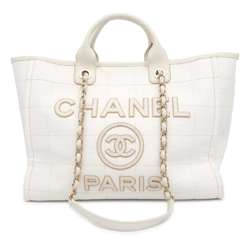 Chanel Tote Bag Deauville Line Coco Mark Large Canvas A66941 2way Shoulder White