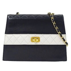 CHANEL Bag Matelasse Women's Shoulder Lambskin Navy White Chain Bicolor Compact