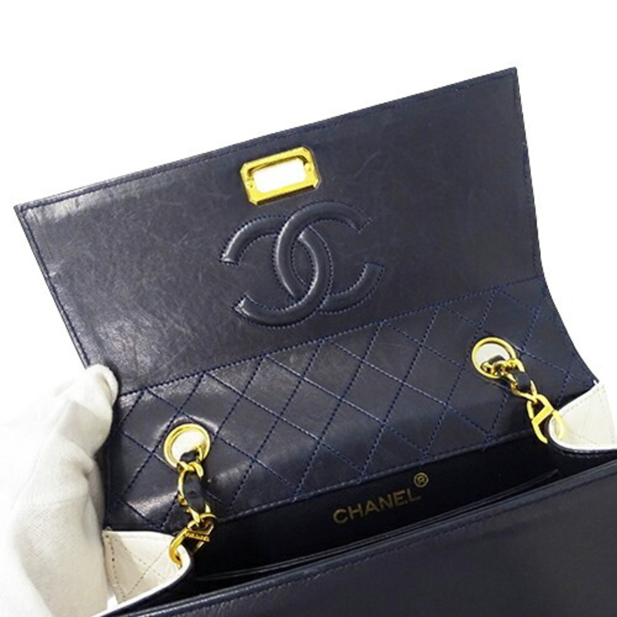 CHANEL Bag Matelasse Women's Shoulder Lambskin Navy White Chain Bicolor Compact