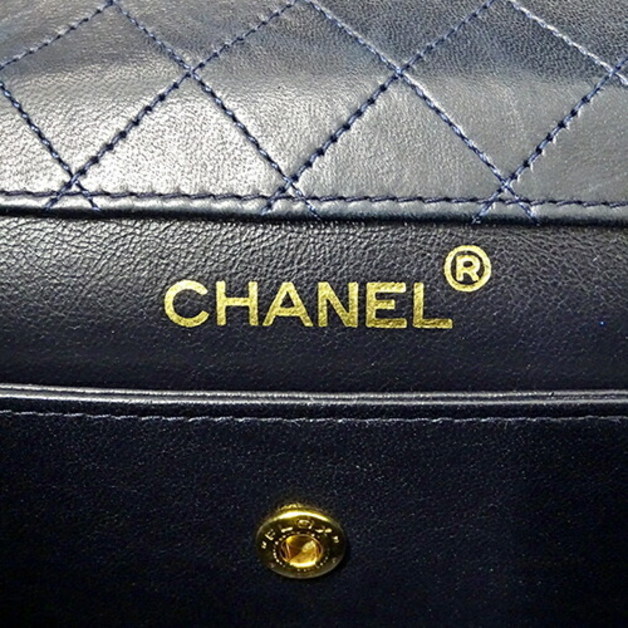 CHANEL Bag Matelasse Women's Shoulder Lambskin Navy White Chain Bicolor Compact