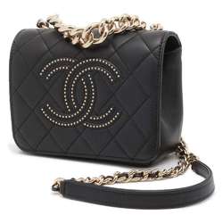 Chanel Chain Shoulder Bag Matelasse Coco Mark Studs Lambskin AS1514 2way Handbag Black