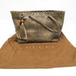 Gucci Bamboo 218499 Women's Leather Tote Bag Gray Khaki