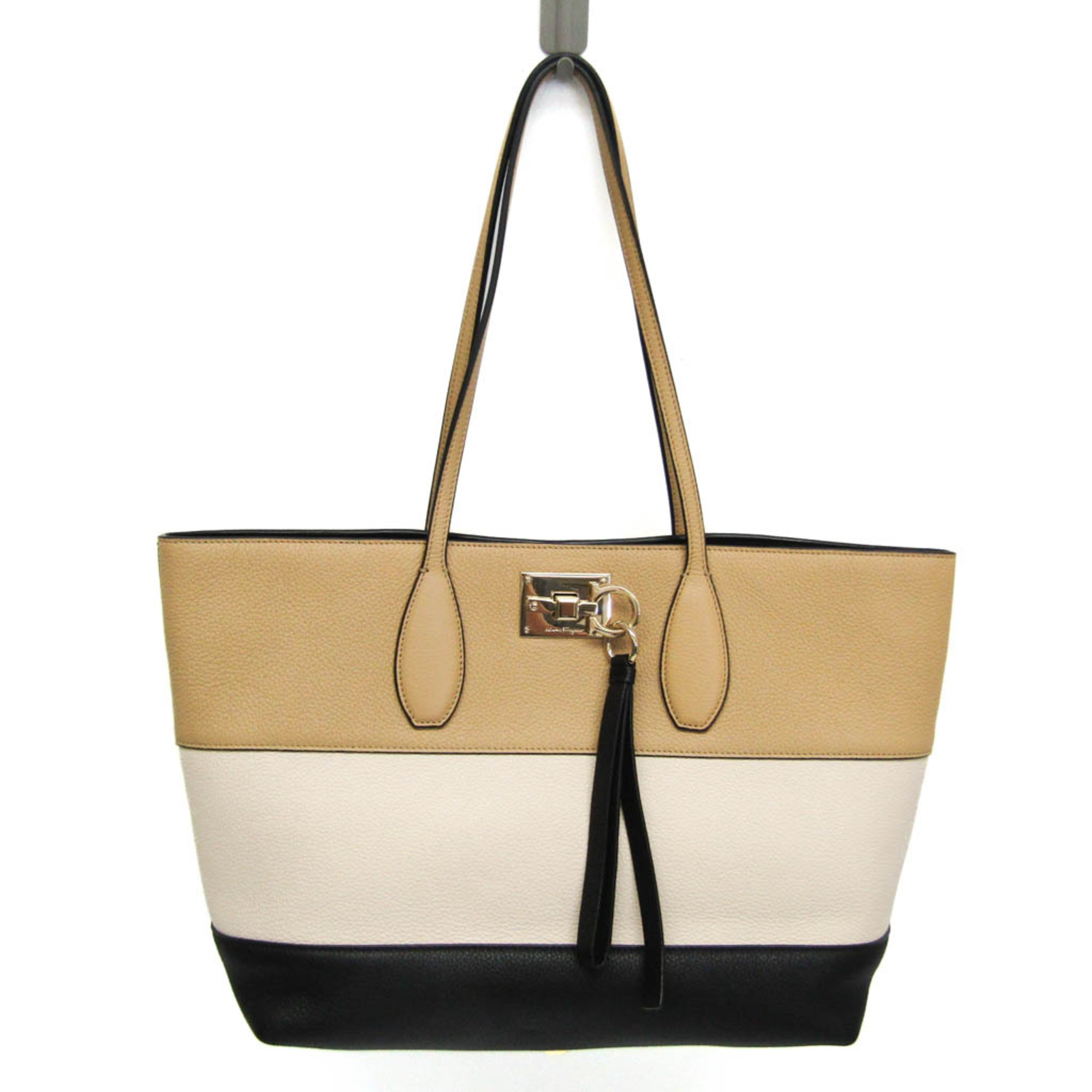 Salvatore Ferragamo Gancini AU-21 I339 Women's Leather Tote Bag Beige,Black,Cream