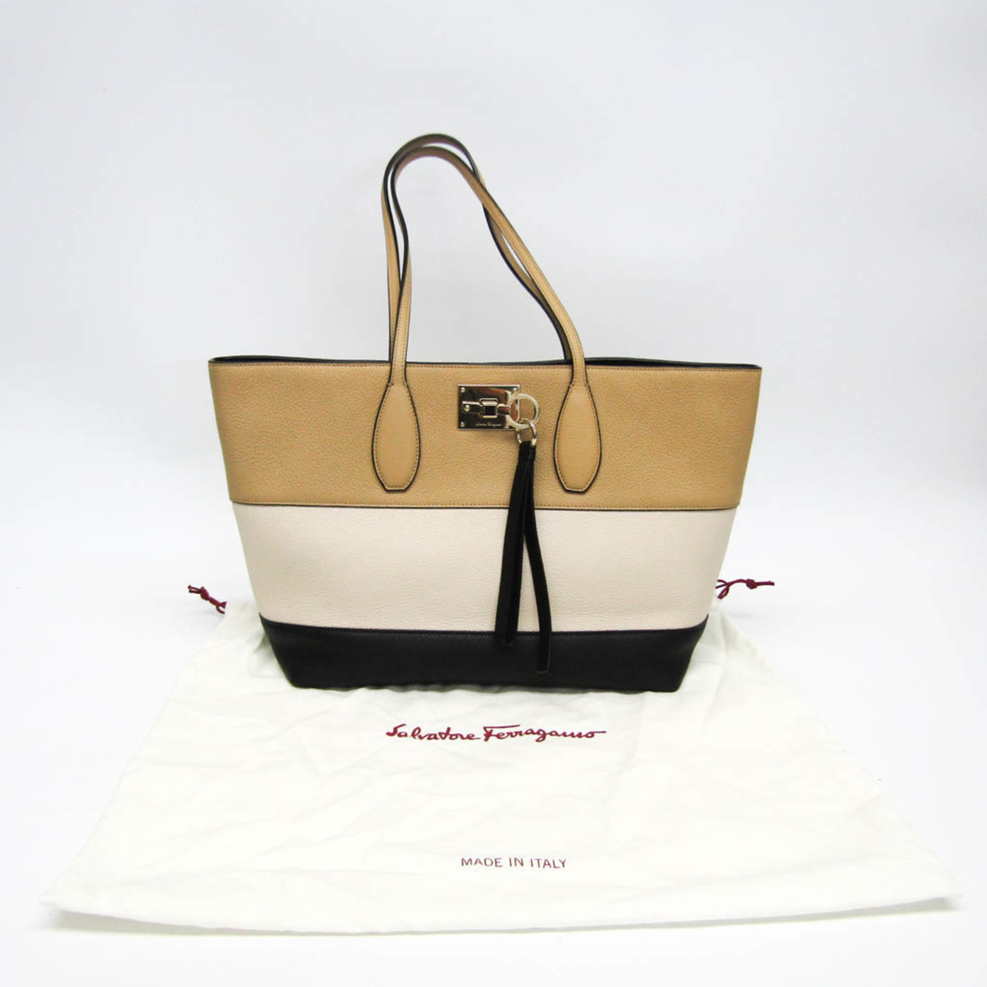 Salvatore Ferragamo Gancini AU-21 I339 Women's Leather Tote Bag Beige,Black,Cream