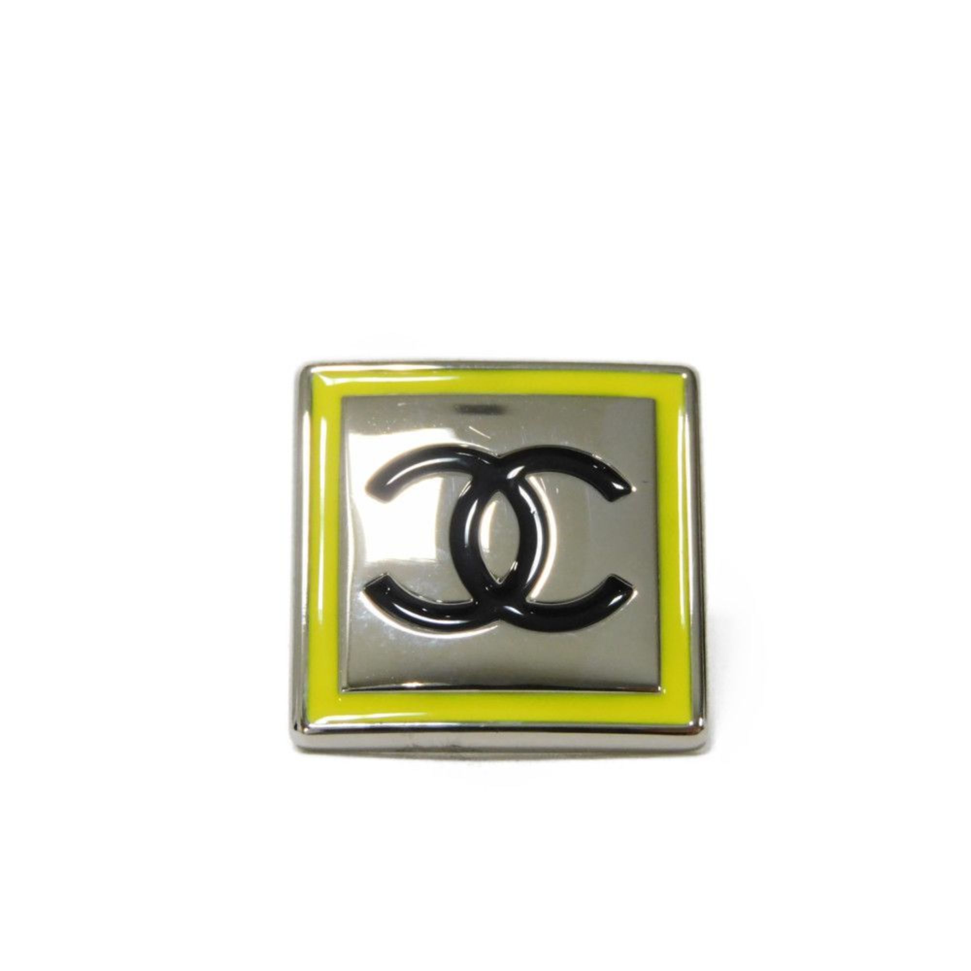 CHANEL Brooch Square Coco Mark Pin Enamel Black Metal Silver Stud B21B CC Yellow Men's Women's