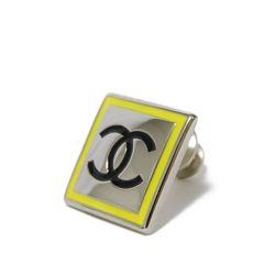 CHANEL Brooch Square Coco Mark Pin Enamel Black Metal Silver Stud B21B CC Yellow Men's Women's