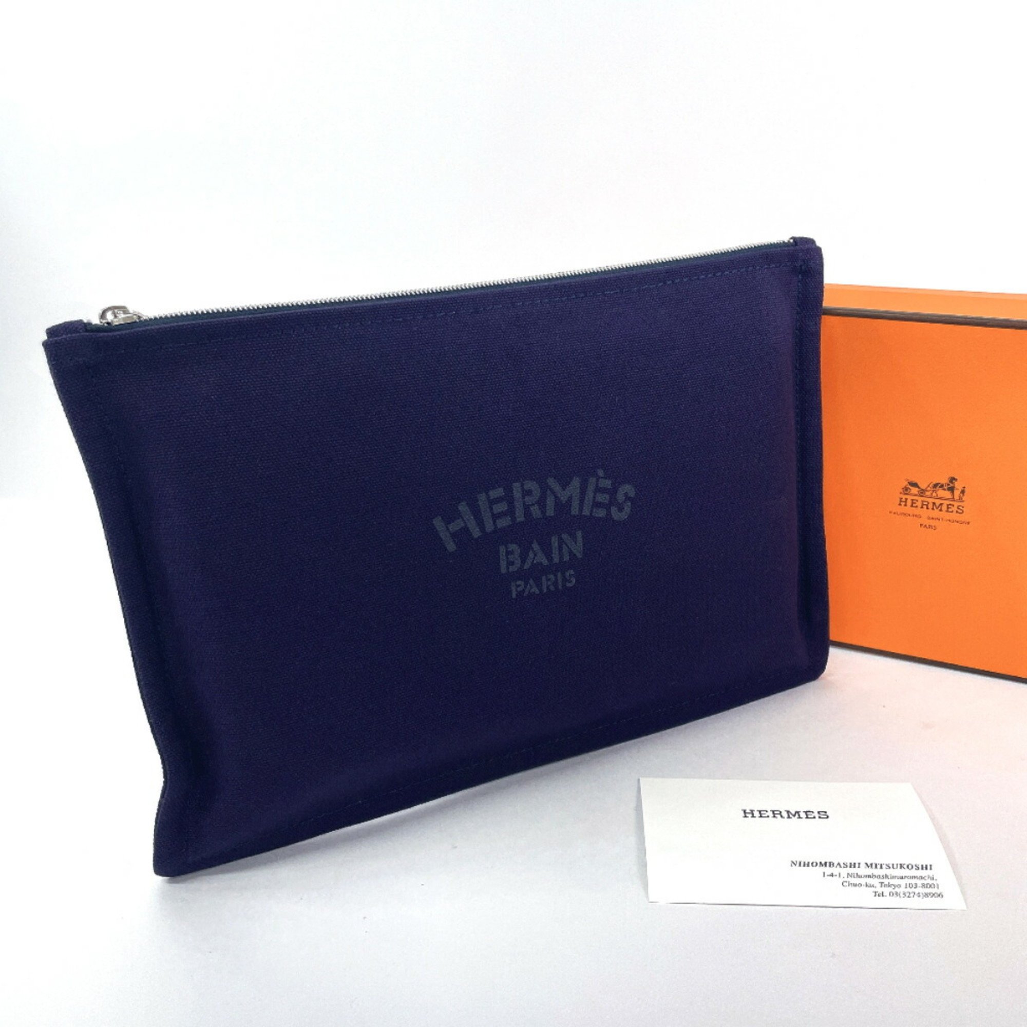 HERMES Yachting GM 102501M Pouch Cotton Navy Unisex