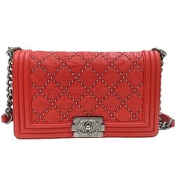 CHANEL Boy Chanel Small Studs Chain Shoulder Bag A67085 Red Calfskin D43 Women's Men's Leather
