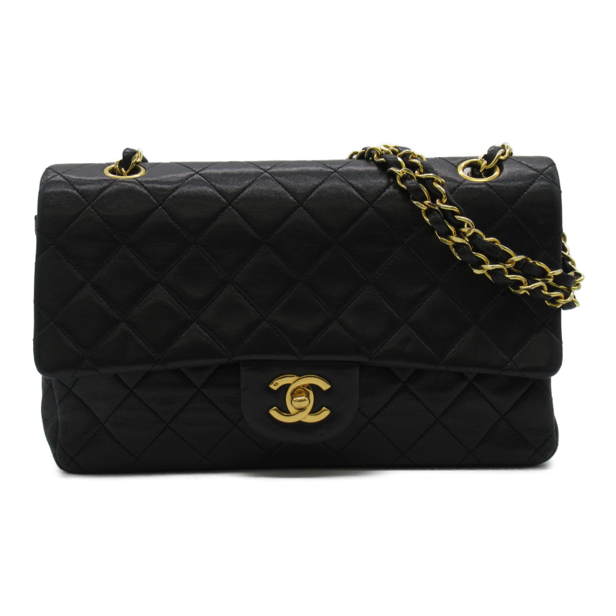 CHANEL Matelasse Double Flap ChainShoulder Black Lambskin (sheep leather) A01112