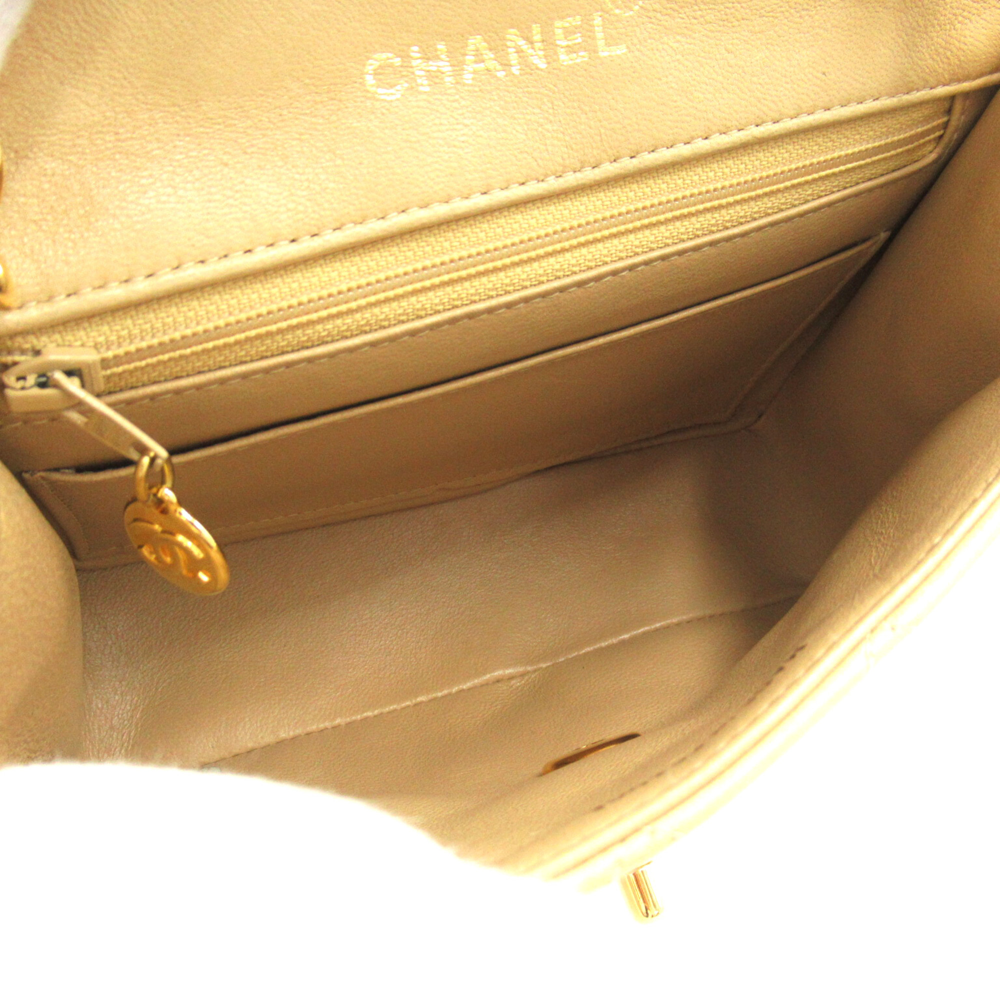 CHANEL Mini Materasse Chain Shoulder Beige Lambskin (sheep leather)