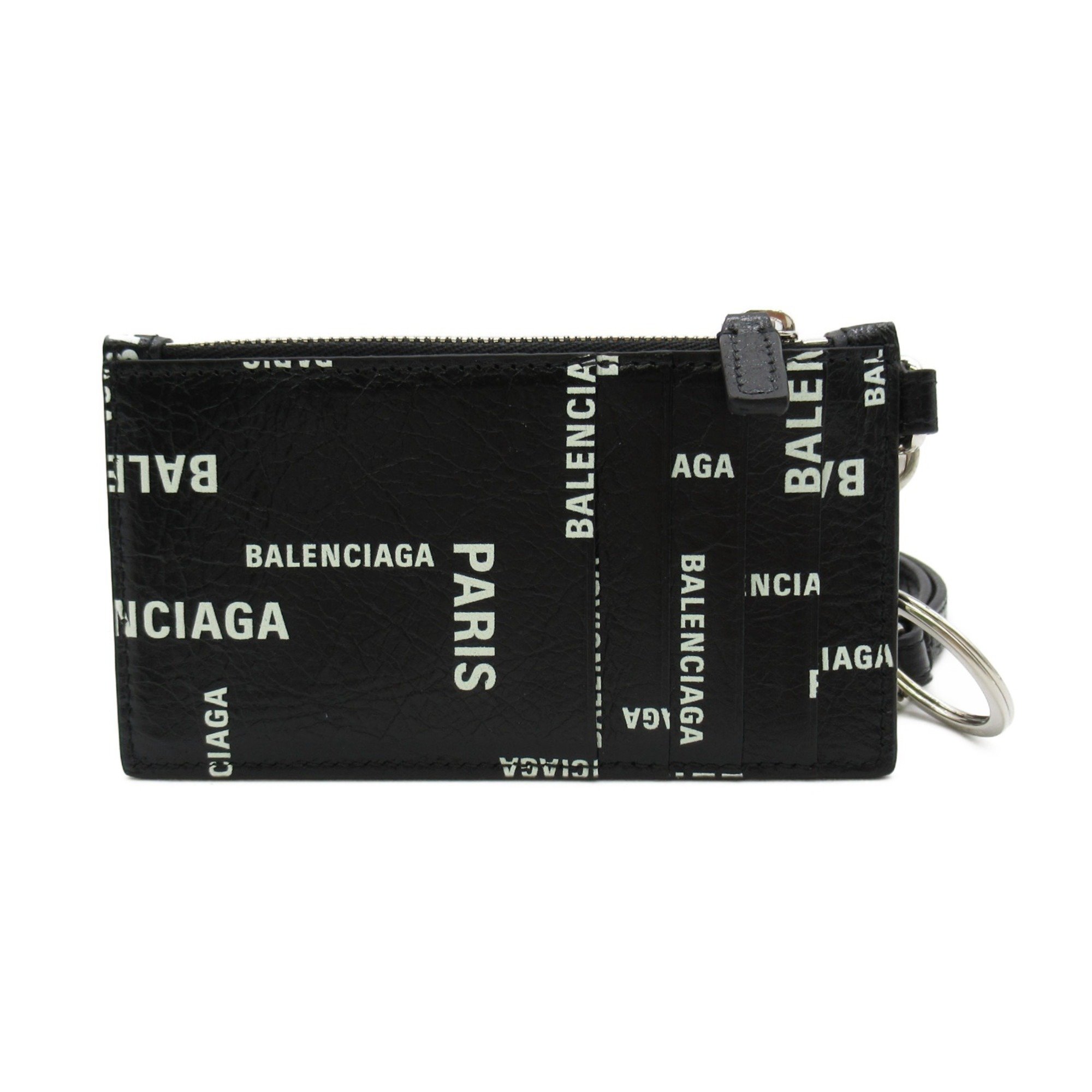 BALENCIAGA Key ring Card Case with strap Black leather 5945482AAOC1097