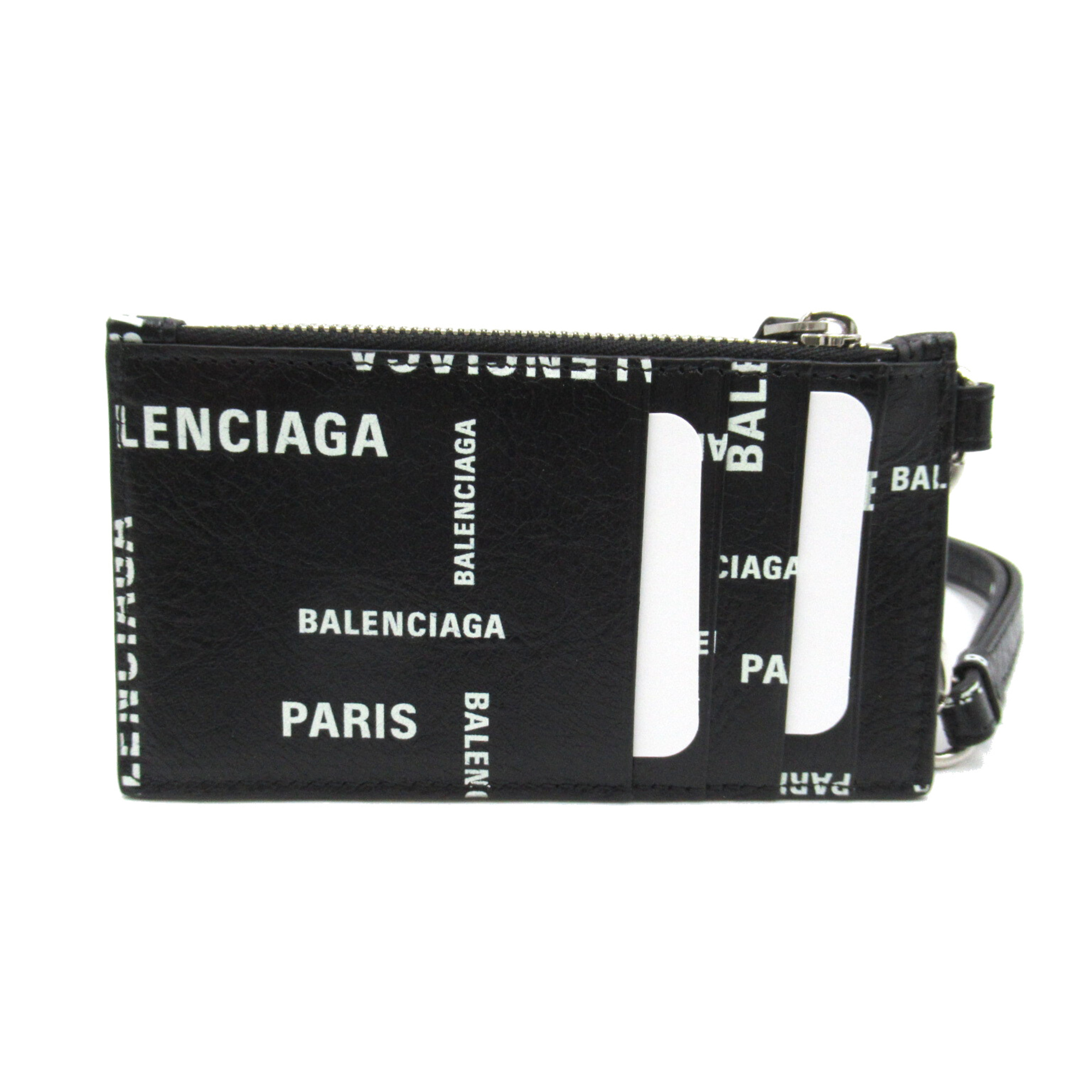 BALENCIAGA Key ring Card Case with strap Black White leather 5945482AAOC1097