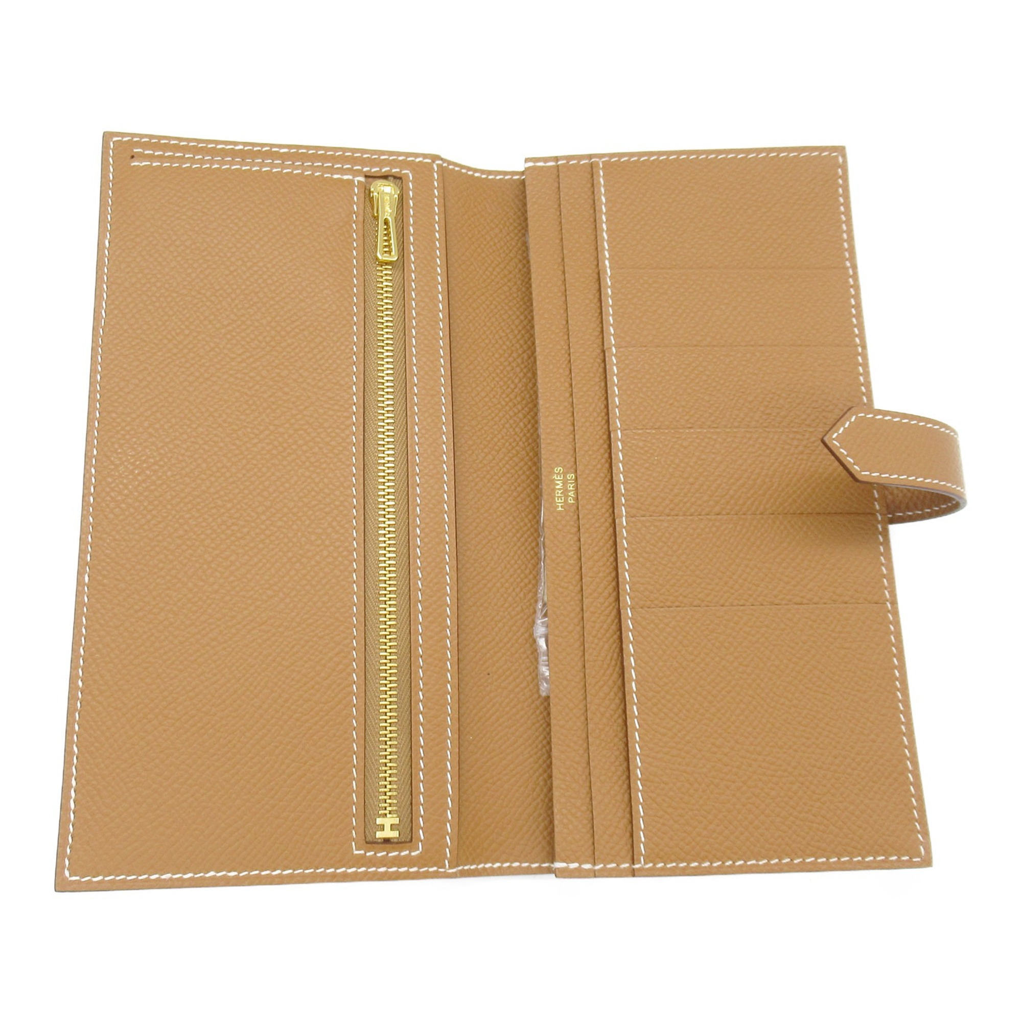 HERMES Bear Souffl Gold Bifold Long Wallet Brown Gold Epsom leather