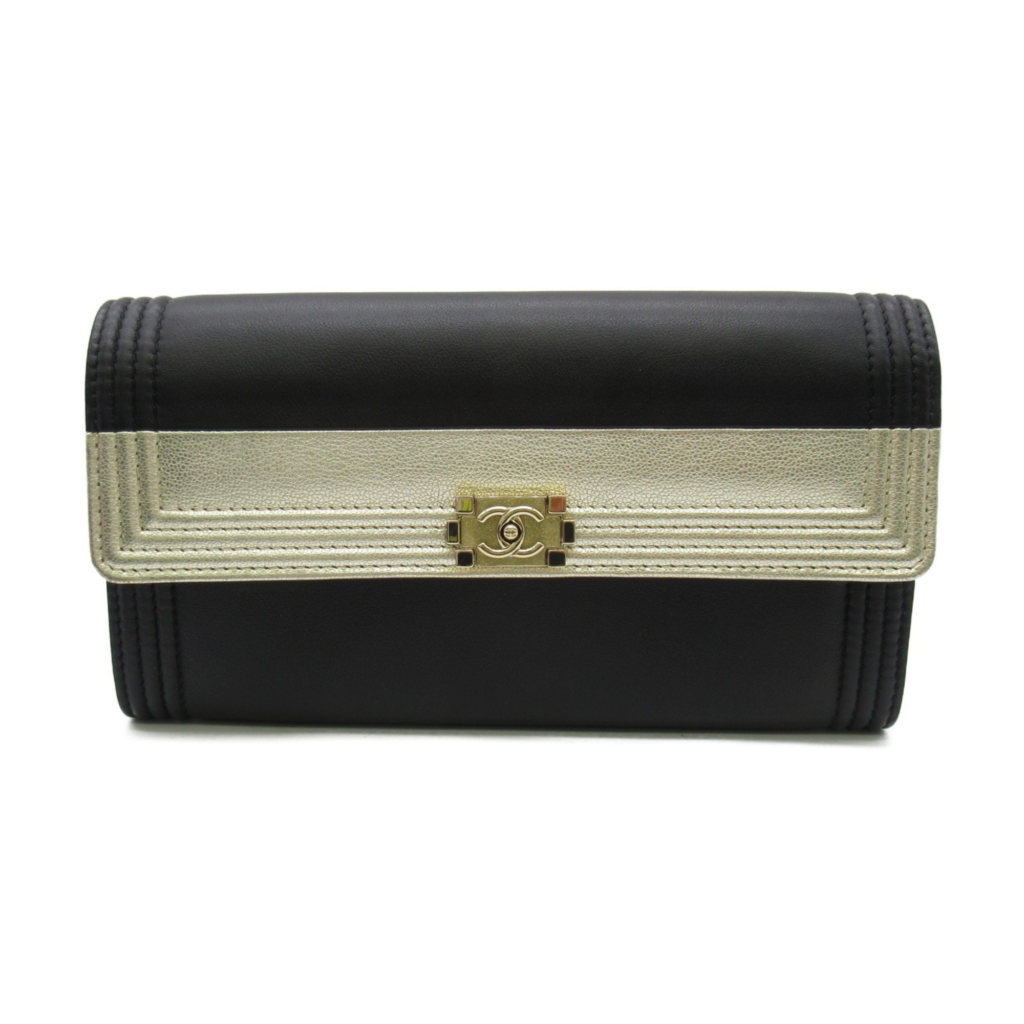 CHANEL Bifold long wallet Black Lambskin (sheep leather) Calfskin (cowhide)