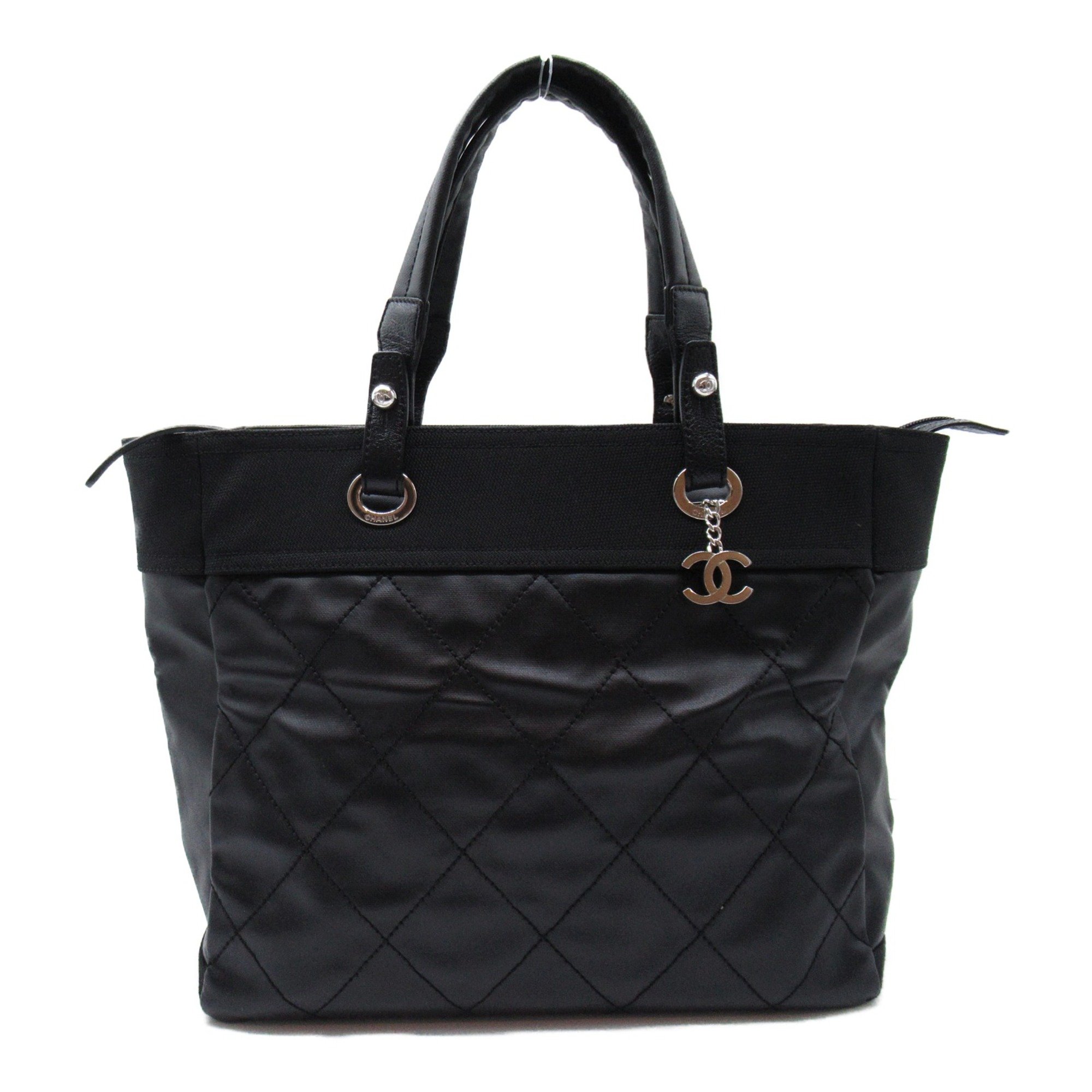 CHANEL Paris Biarritz Tote MM Bag Black leather Coated canvas