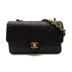 CHANEL Matelasse Double Flap Chain Shoulder Bag Black Lambskin (sheep leather)