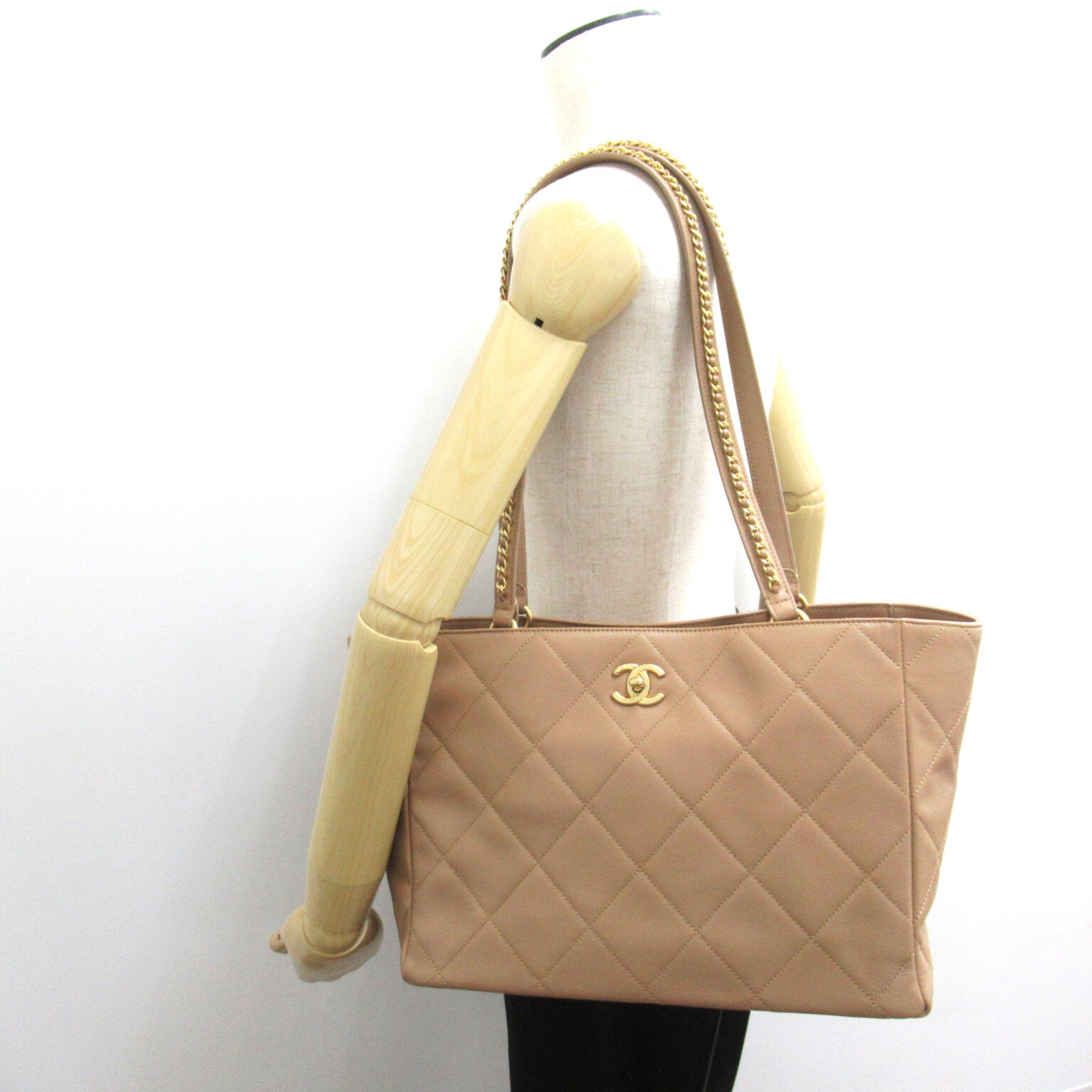 CHANEL Shoulder Tote Beige leather AS3508