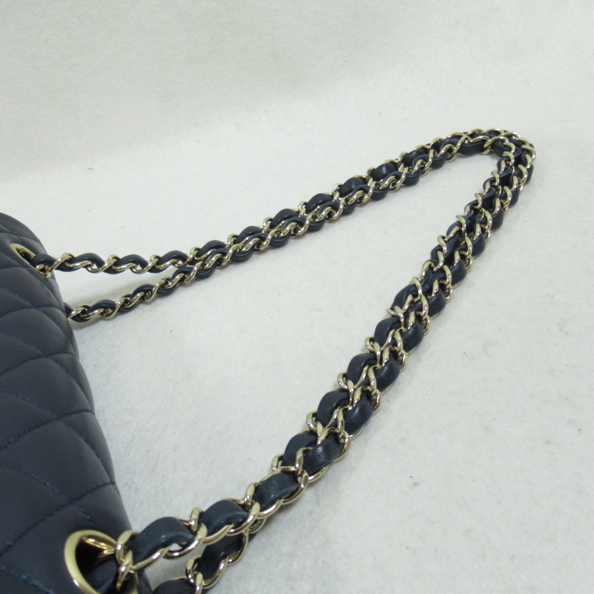 CHANEL Matelasse Double Flap Chain Shoulder Bag Navy Lambskin (sheep leather)