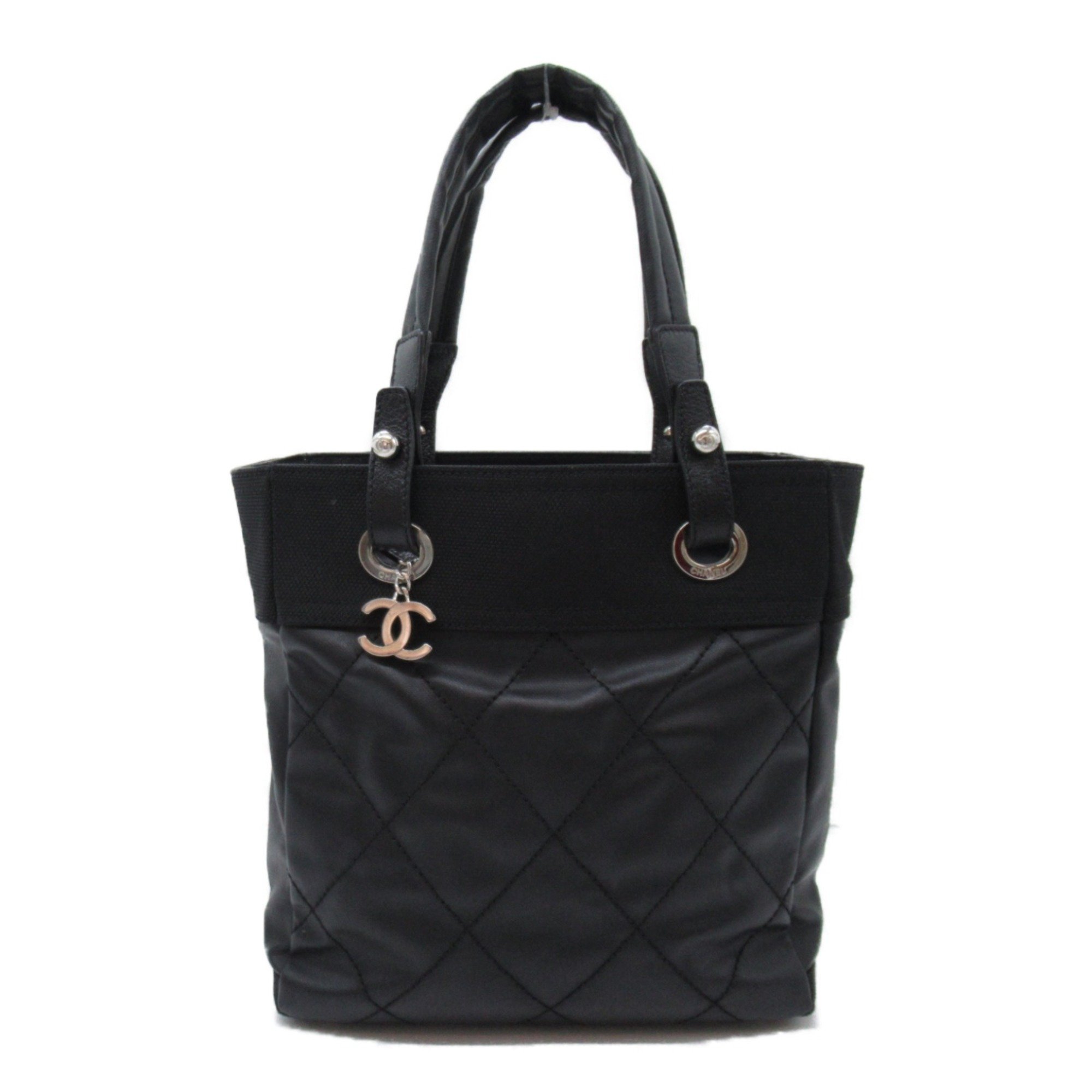 CHANEL Paris Biarritz Tote PM Bag Black canvas Coated canvas A34208